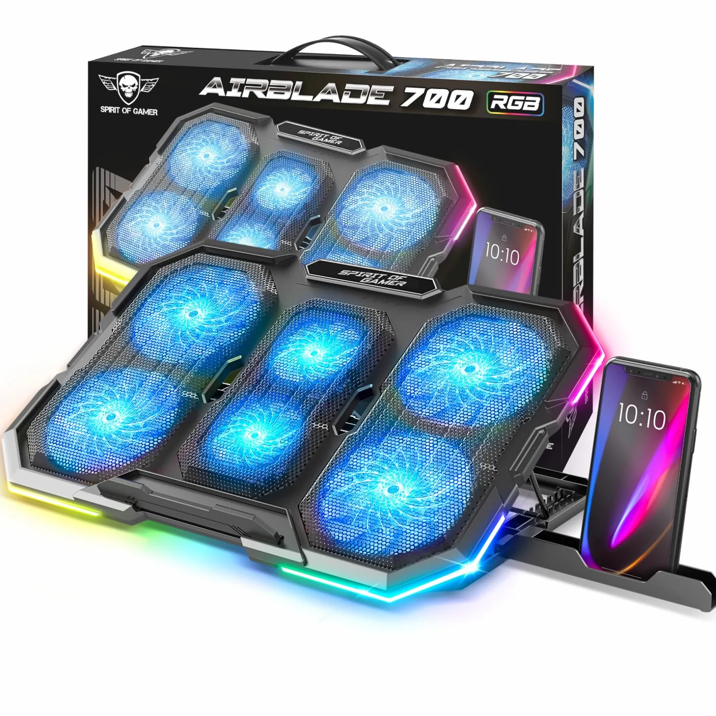 SPIRIT OF GAMER, Laptop Kühler 10" bis 17", 6 leise Lüfter, Kompatibel mit PS5, PS4, Xbox & PC, Notebook Cooler, RGB hintergrundbeleuchtete Kühlplatte
