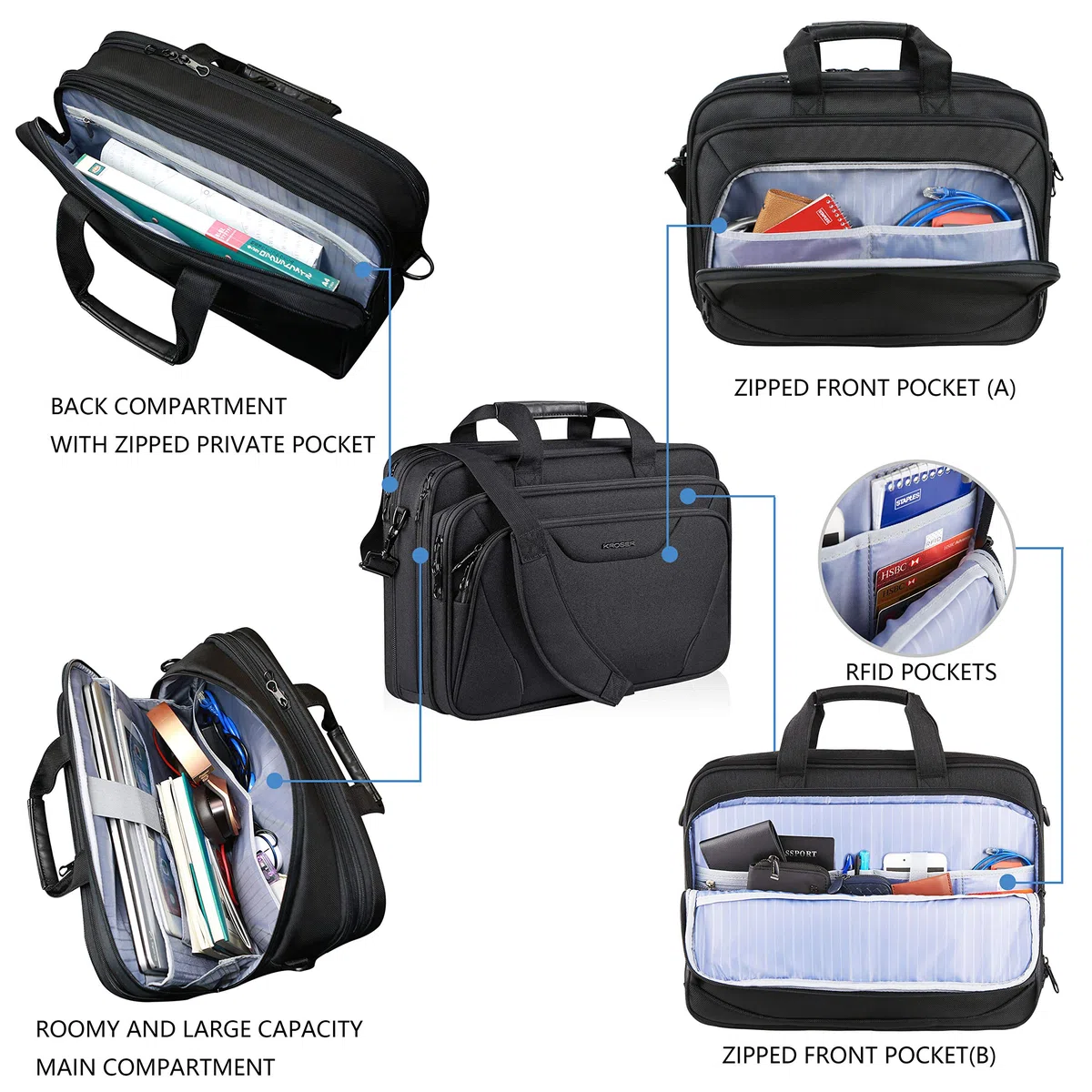 KROSER 18 Zoll Handtasche, Laptoptasche bis 17,3 Zoll, wasserdicht, dehnbar, Dokumententasche mit Schultergurt, für Reisen/Geschäft/Schule/Herren/Damen, Laptop Bag