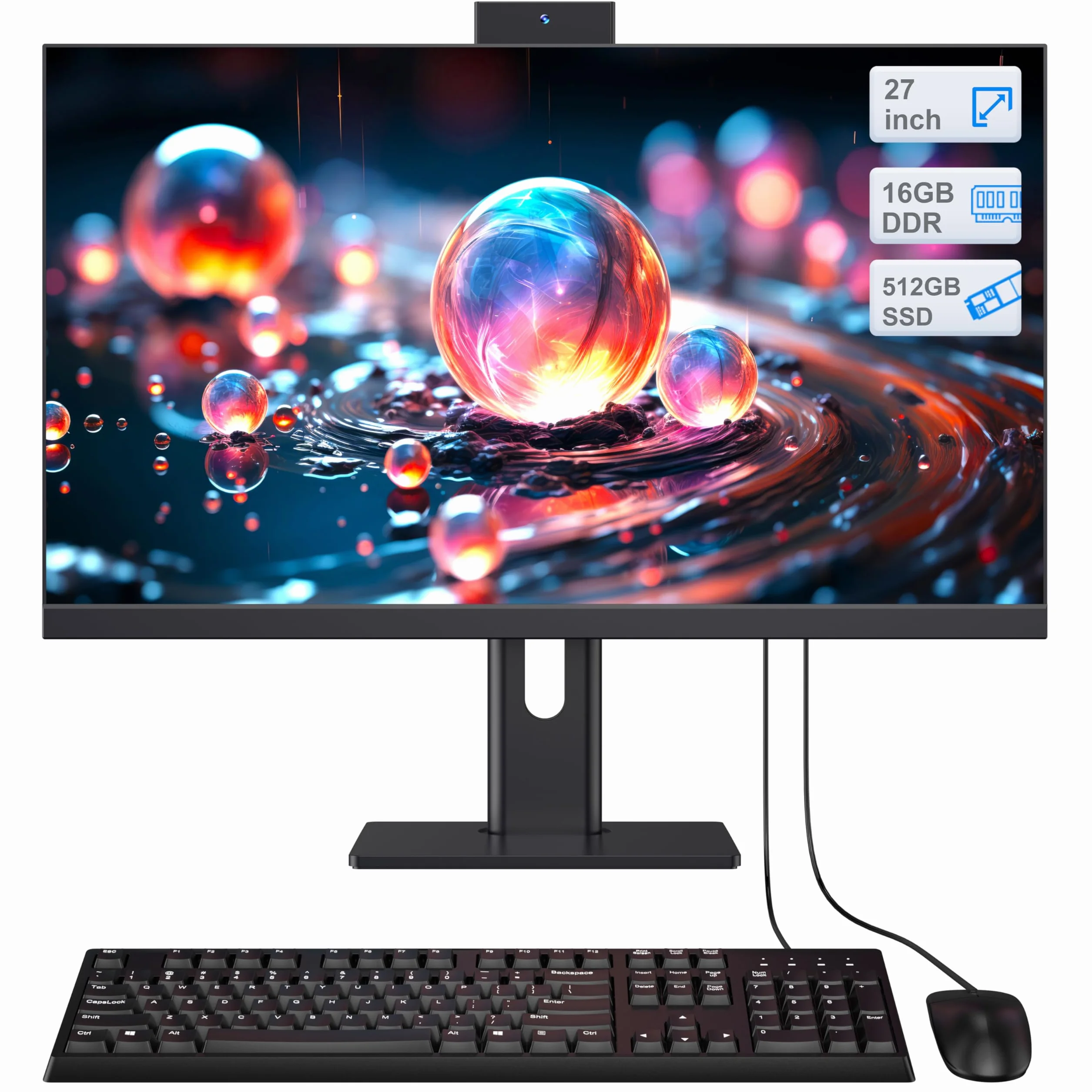 Desktop-PC, All-in-One-PC 27 Core i7 (bis zu 3,0 GHz) 512 GB SSD 16 GB RAM mit einziehbarer Webcam, All-in-One-PC mit verstellbarem Bildschirm, WiFi6 Bluetooth 5.3, ideal für Telearbeit, Schwarz