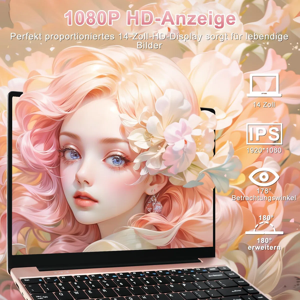 NOTODD 2026 Laptop 14 Zoll Win11 Pro 6GB DDR4 256GB SSD TF Unterstützung 1TB Celeron N4020 (bis 2.8GHz) Full Metal 5000mAh Notebook mit 1080P Mini HDMI Deutscher Tastaturschutz und kabellose Maus-Gold
