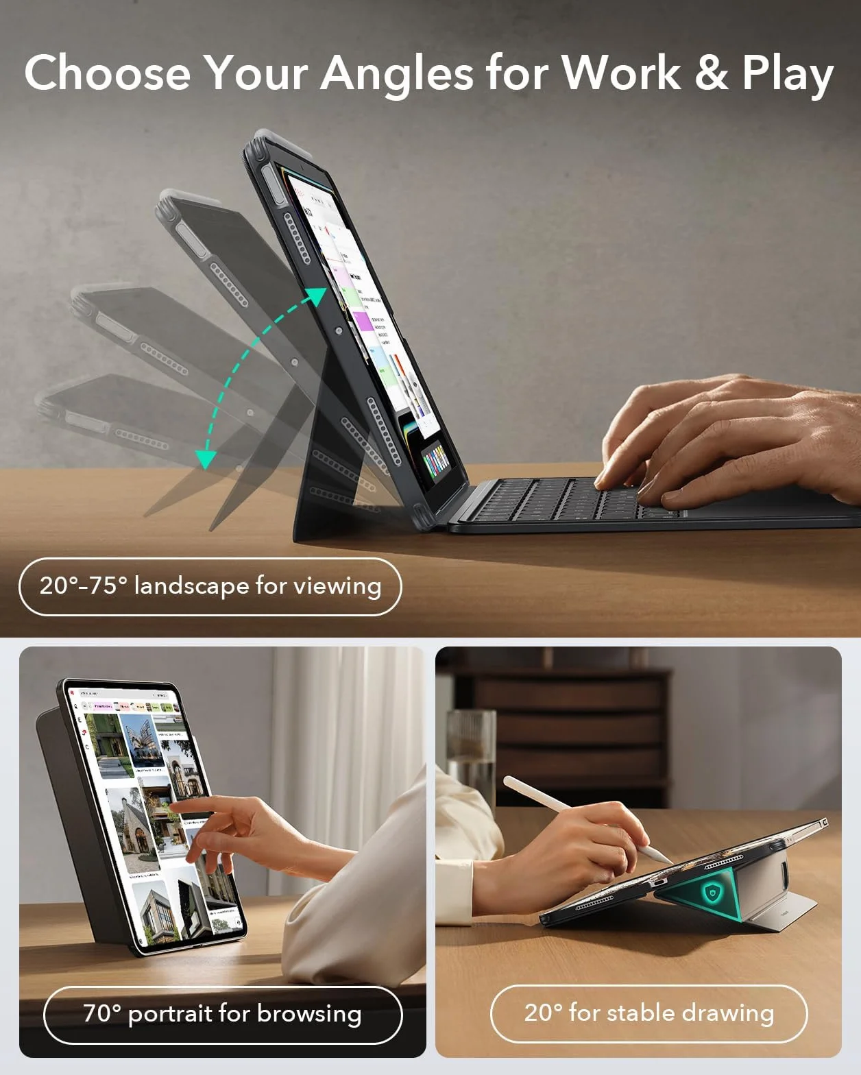 ESR Hülle mit Tastatur für iPad Air 11" (M4/M3/M2) & 10,9" (5/4. Gen) – Magnetisch abnehmbare Keyboard, Hoch- und Querformat, großes Click-Anywhere-Trackpad, Backlit Tasten, Shift Serie, Dunkelgrau