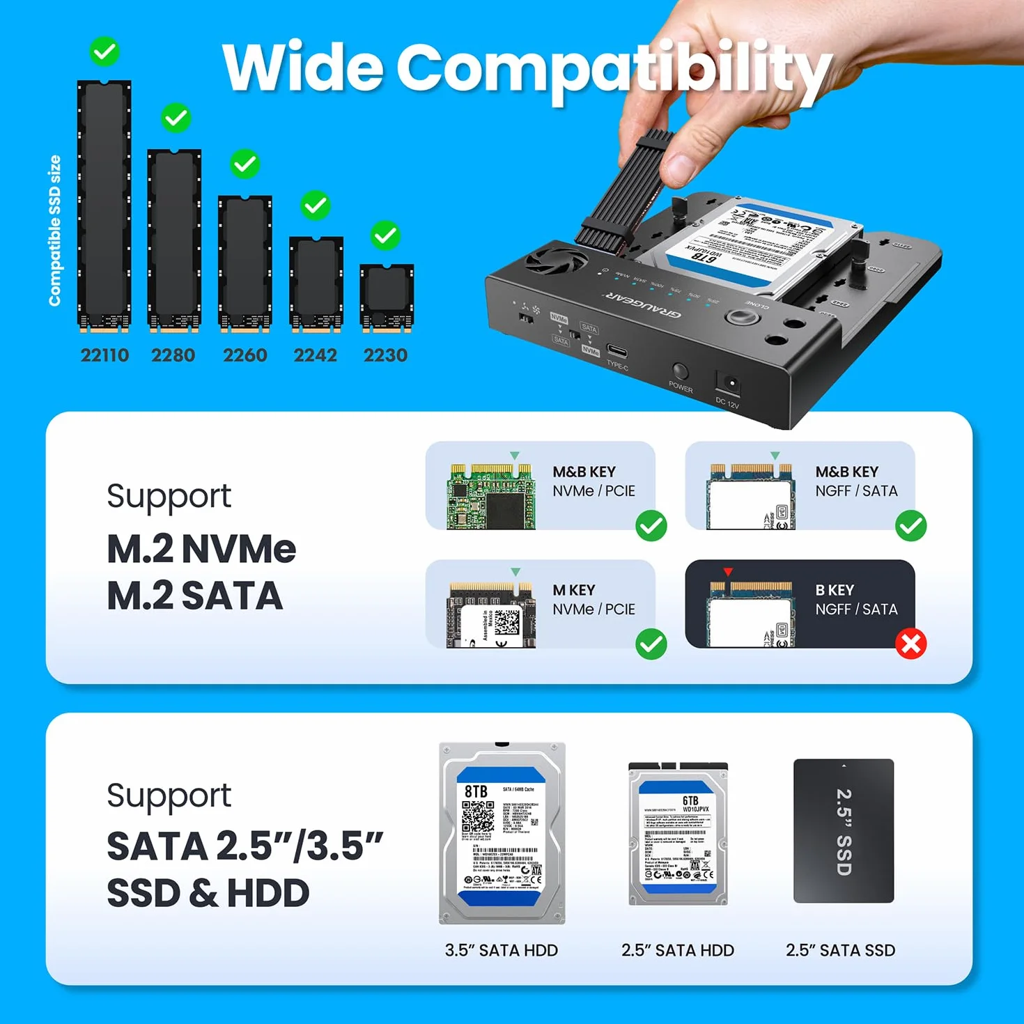 GRAUGEAR Bidirektionale Clone Station für M2 NVMe SSD M.2, SATA SSD, 2,5"/3,5" Festplatte [Bidirektional Klonen] Docking Station I NVMe Klonstation I Externe SSD I Festplatten Dockingstation I Lüfter