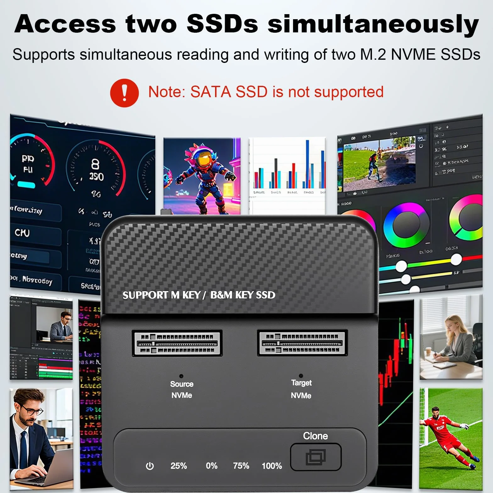 Festplatten Docking Station Dual Bay NVMe M.2 SSD Gehäuse 20Gbps USB 3.2 Gen 2x2 mit Offline Klonen, Werkzeuglose M.2 NVMe SSD Adapter Dockingstation für M Key/B+M Key SSDs