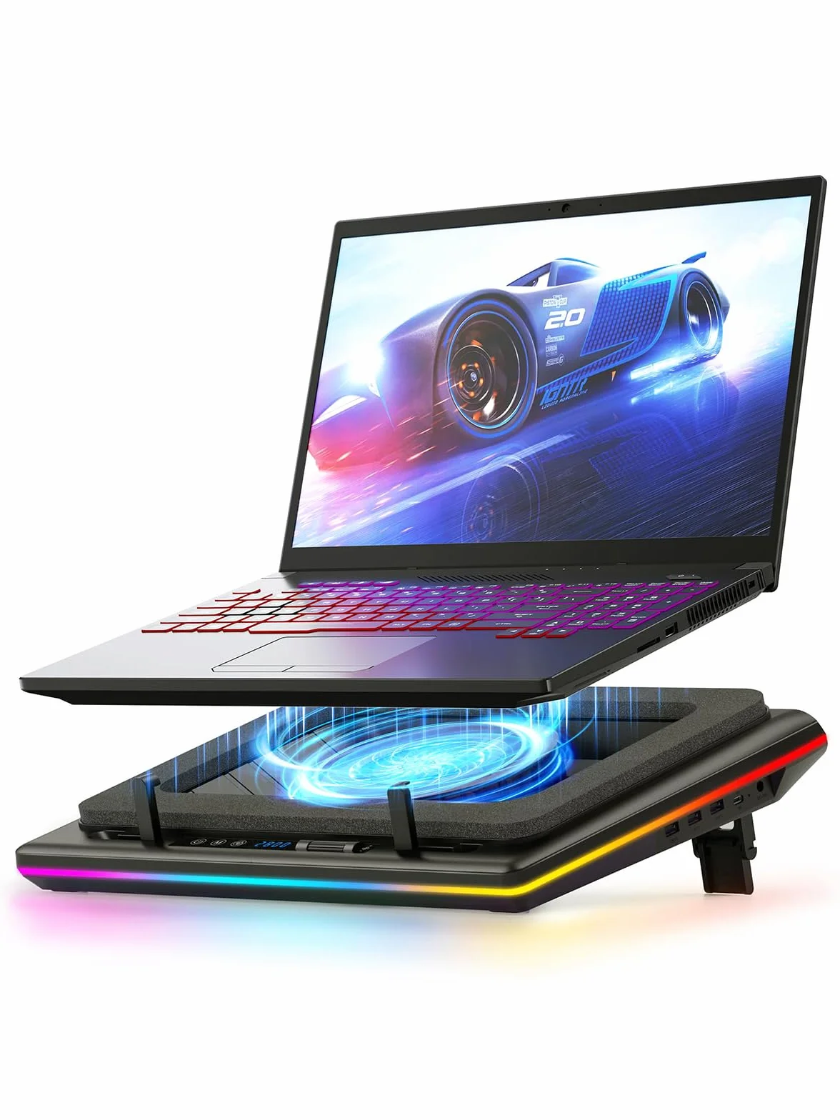 llano RGB Gaming Laptop Kühler Kühlpad Kühlkissen mit stufenloser Touch-Bedienung & 3 Port USB A, groß Leistungsstarker Turbo Lüfter Dichtungsschaum für 15-19'' Computer Notebook