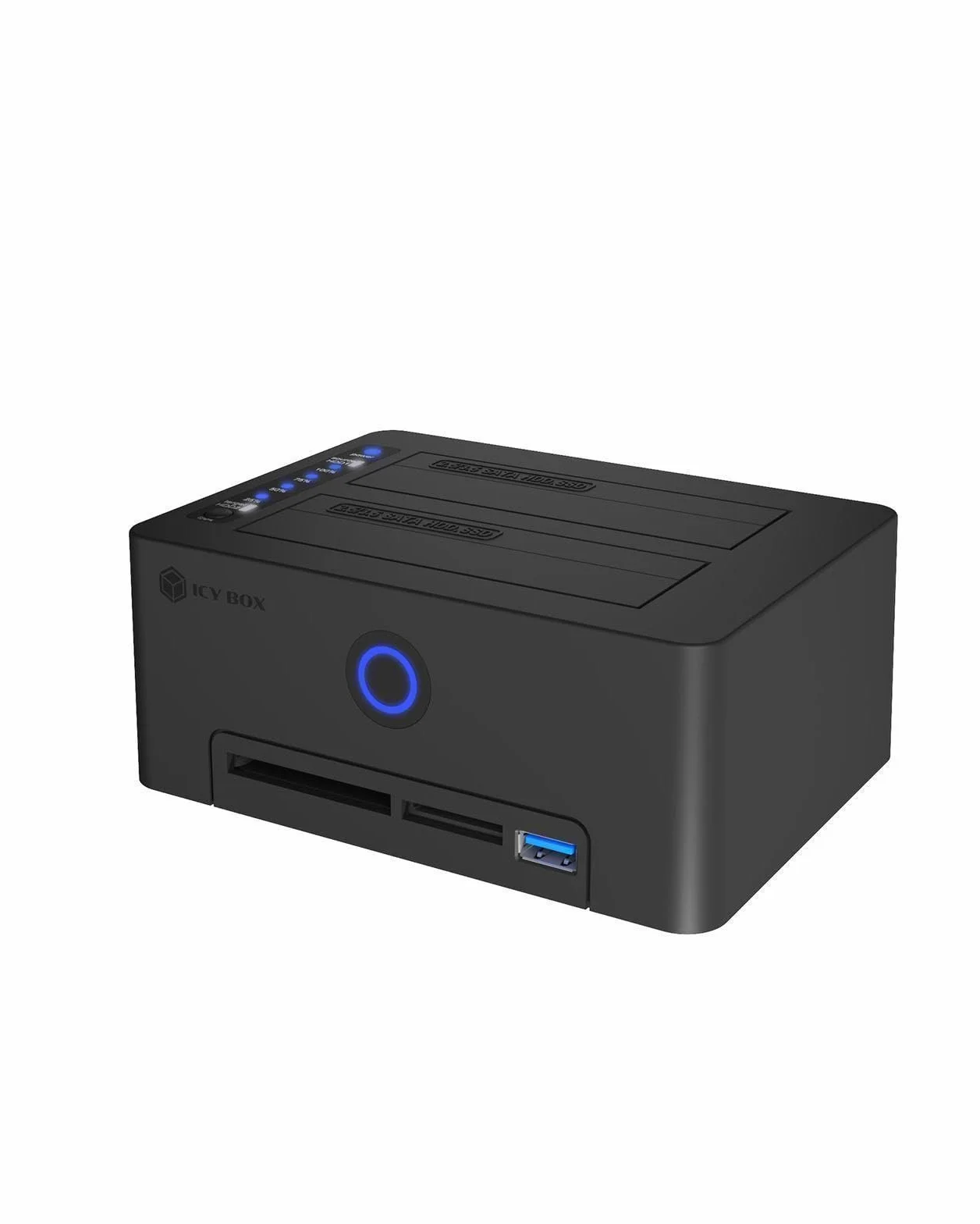 ICY BOX Klonstation für 2,5"/3,5" SATA HDD/SSD, USB 3.0 (5 Gbit/s), Offline-Klonen, Kartenleser (CF/SD), USB Hub, werkzeugfrei, extern, Plug & Play, Dockingstation, Klon-Funktion, Schwarz, IB-1233CL-C