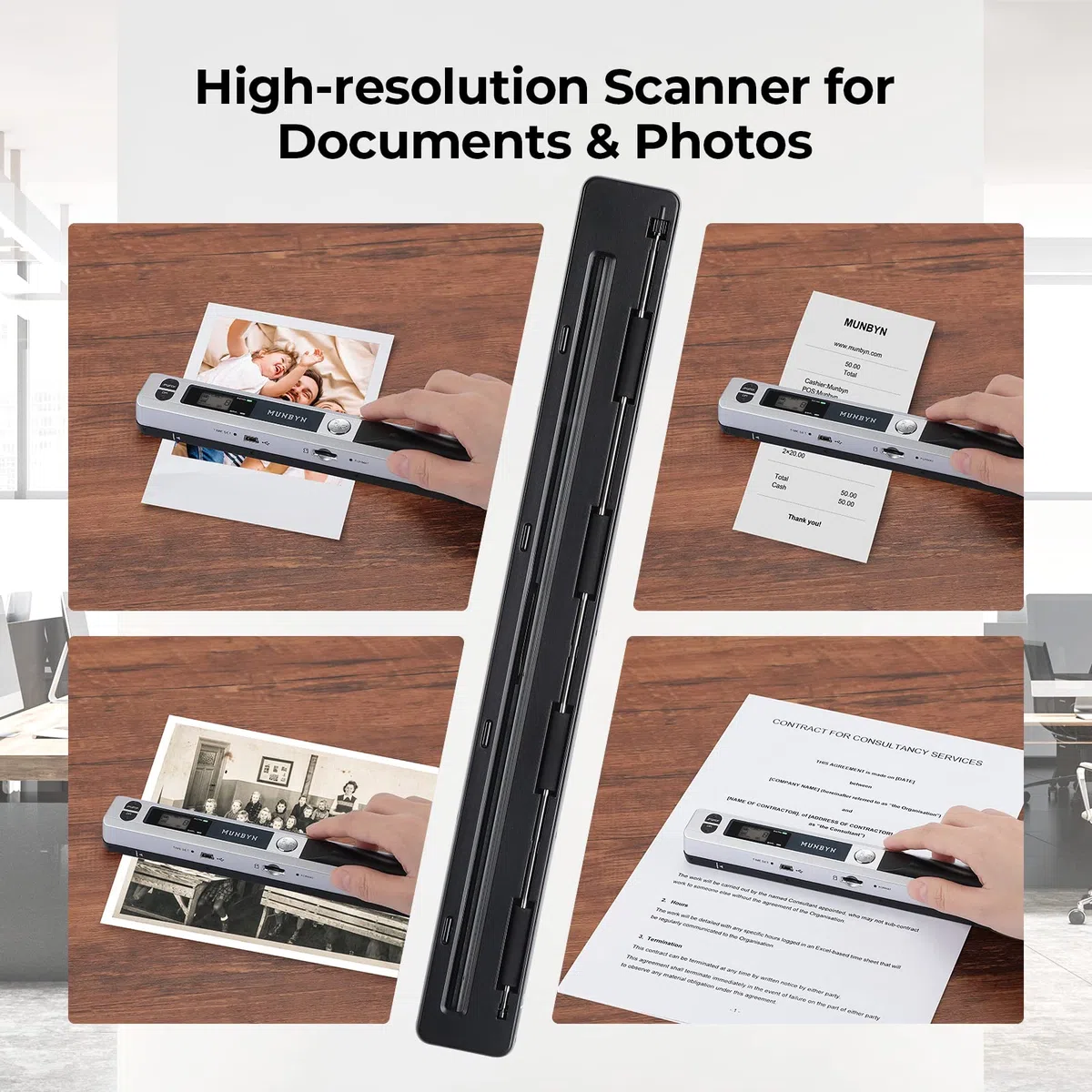 MUNBYN [Handscanner] Auflösung s/w und Farbe Dokumentenscanner/Scanner Mobil / 900DPI Wireless Tragbarer A4 Scanner mit Karte JPG und PDF Format- 16G Micro SD - Silber