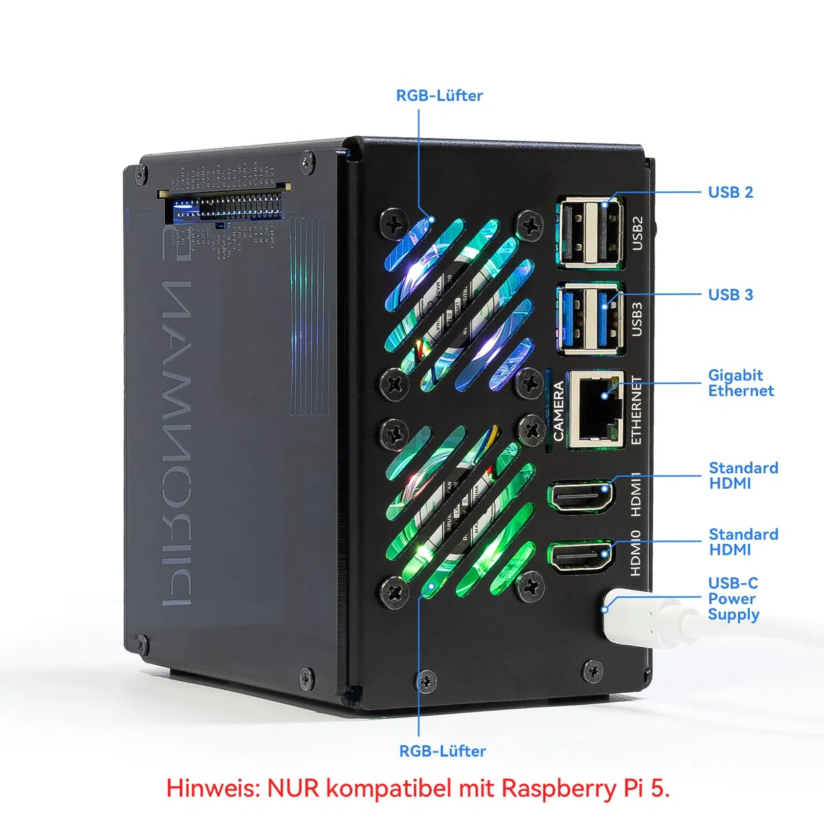 Pironman 5-MAX Raspberry Pi 5 Gehäuse mit Dual NVMe M.2 SSD PCIe, Mini PC NAS RAID 0/1, Hailo-8L AI-Beschleuniger, PWM Tower-Kühler + Dual RGB-Lüfter, OLED, Safe Shutdown, HDMI (RPI5 Nicht enthalten)