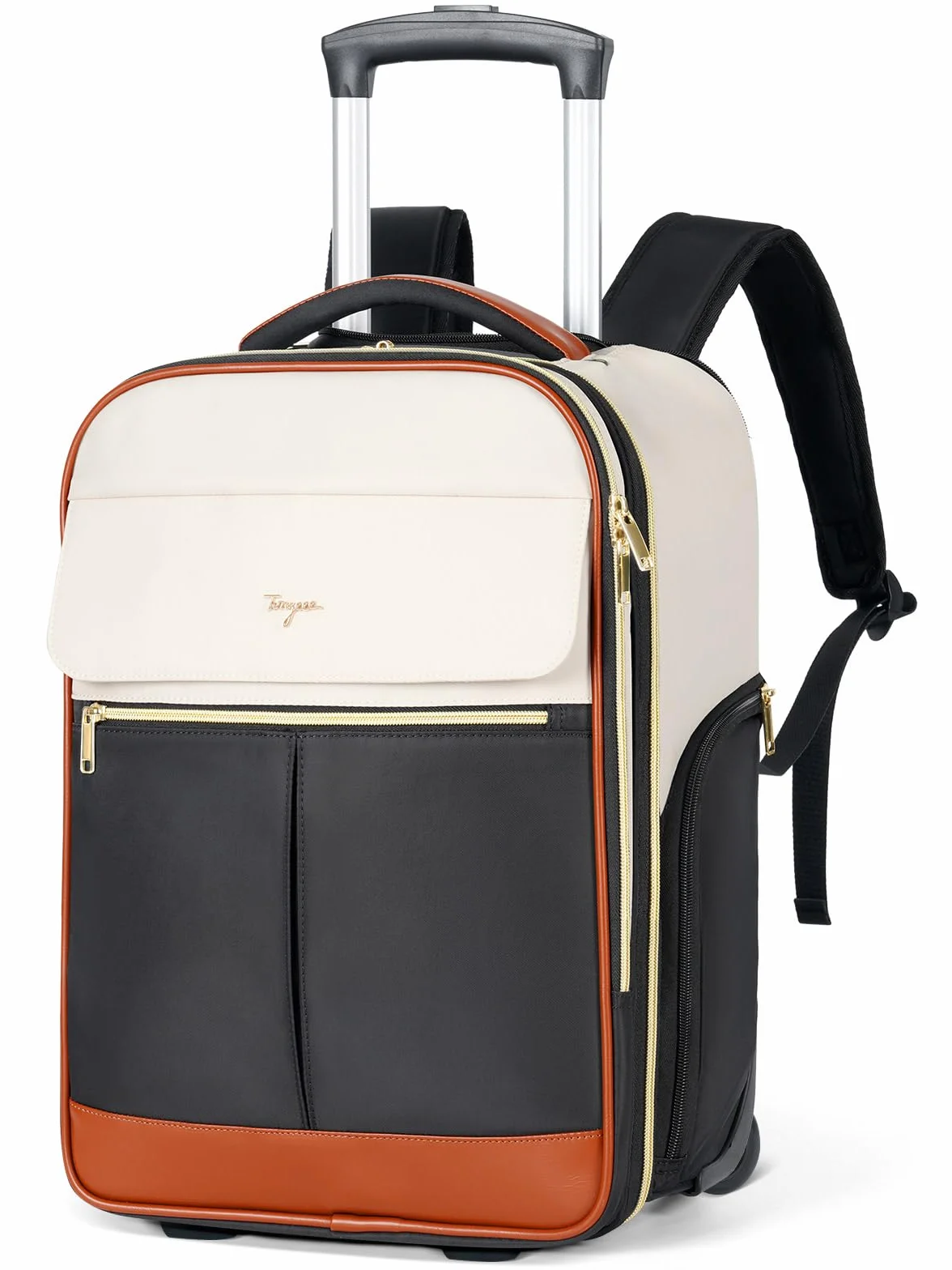 Rollrucksack Damen 17 Zoll Laptop, Rucksack mit Rollen Handgepaeck Underseat Groesse L, 46x32x18 cm, 2 in 1 Trolley Rucksacktrolley Pilotenkoffer, 180 Grad Oeffnung, wasserabweisend, Beige