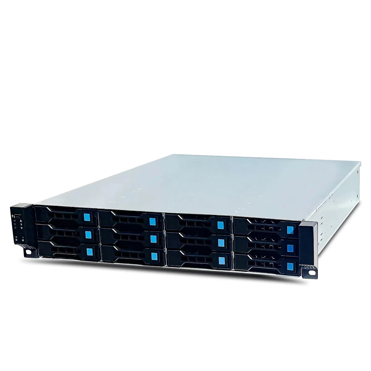 FANTEC 2563 SRC-2012X07-12G/6G 19" 2HE Storage Gehäuse, 12x SAS/SATA Einschübe mit je 2 Status LEDs, Einschübe für 3,5" und 2,5" Datenträger, 1x USB 2 Anschluss, 3X 80mm Lüfter