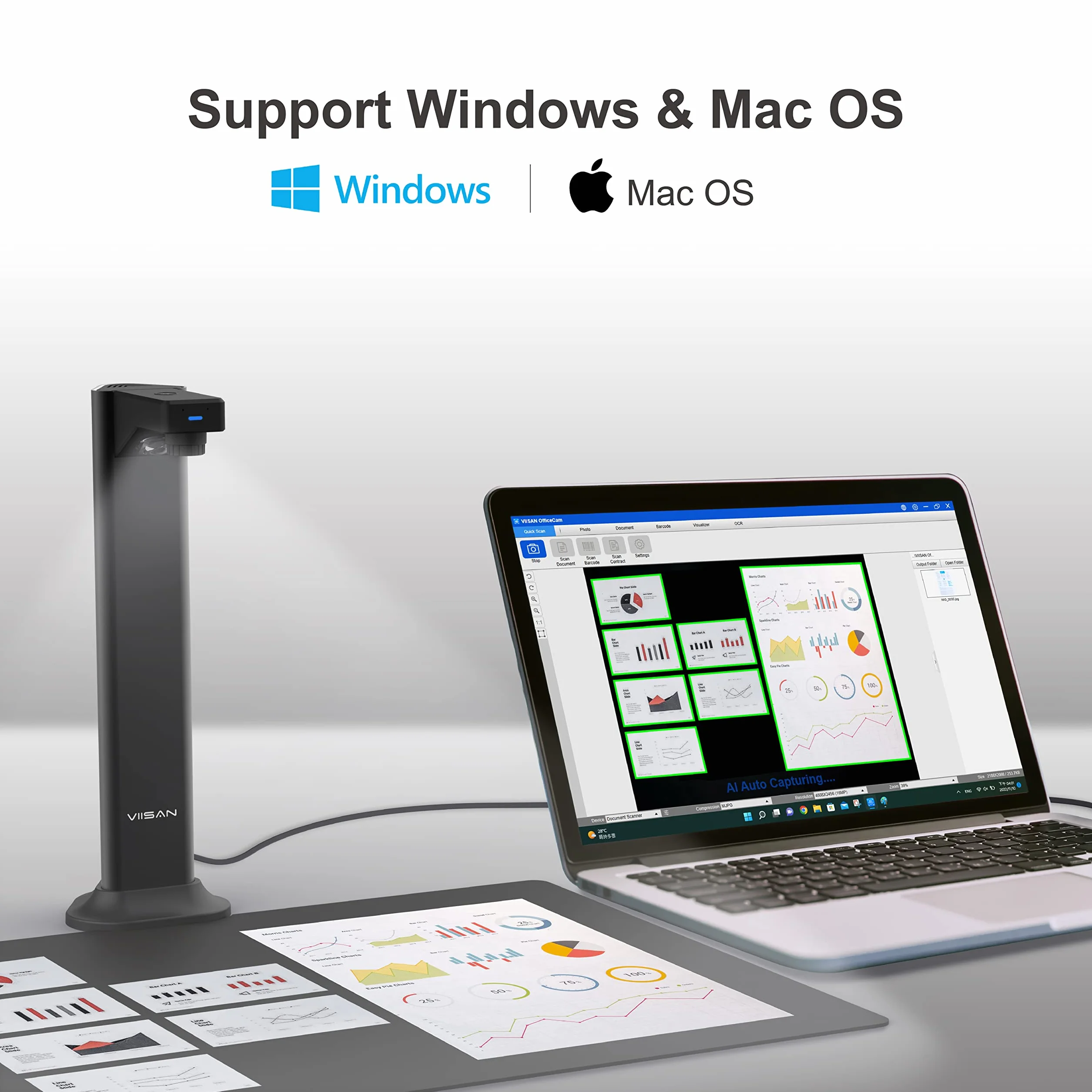 Viisan DL8 Dokumenten- Buchscanner. Max Scanbereich A3. 13MP Auflösung. Buchseiten Glätten & Aufteilen Auto-Scannen.Text-in-Sprache. OCR-Texterkennung. Windows & Mac