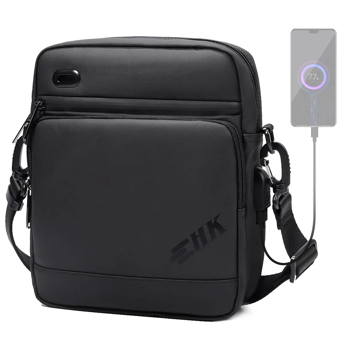 Umhängetasche Herren Wasserdichte Tasche mit USB-Anschluss für 11 Zoll iPad Handy Schultertasche Handtasche Anti-Diebstahl Messenger bag für Arbeit Freizeit Sport Städtetrips-Schwarz