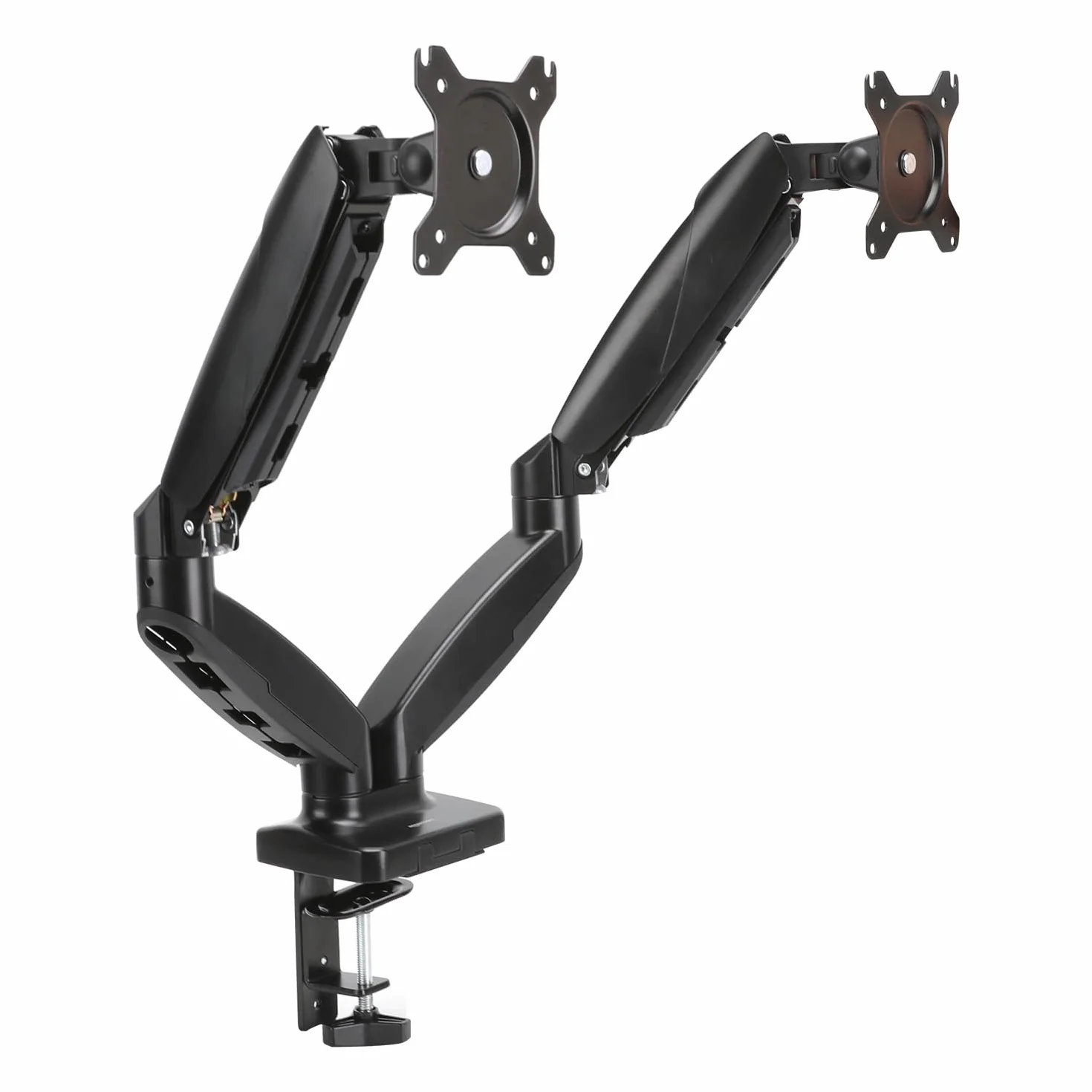 Amazon Basics Dual-Monitorarm mit Gasdruckfeder, Schreibtischmontage, Einstellbare Spannung, für 15–27 Zoll (38,1cm–68,6cm) Monitore, Trägt 2,0kg–7,0 kg pro Arm, VESA 75x75/100x100, Schwarz