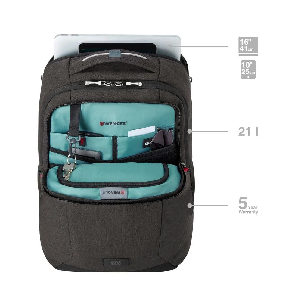 WENGER MX Professional Laptop-Rucksack mit Tabletfach, Notebook bis 16 Zoll, Tablet bis 10 Zoll, Organizer, 21 l, Damen Herren, Büro Business-Reisen Uni, Grau, 611641