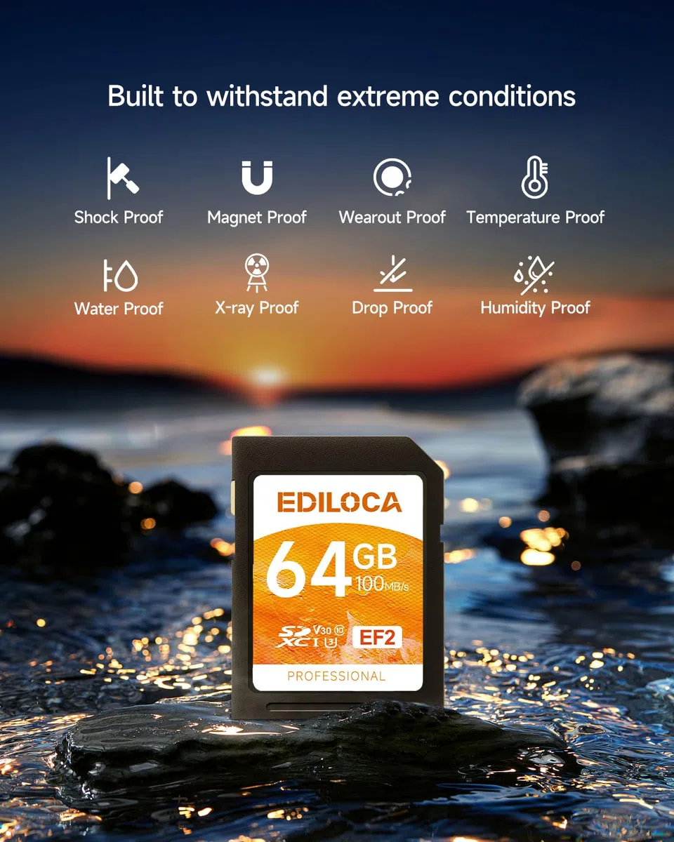 Ediloca EF2 UHS-I Speicherkarte 64GB 4er-Pack, Lesen 100MB/s, Schreiben 45MB/s, C10, U3, V30, Full-HD und 4K-Video, SD-Karte für professionelle Fotografen