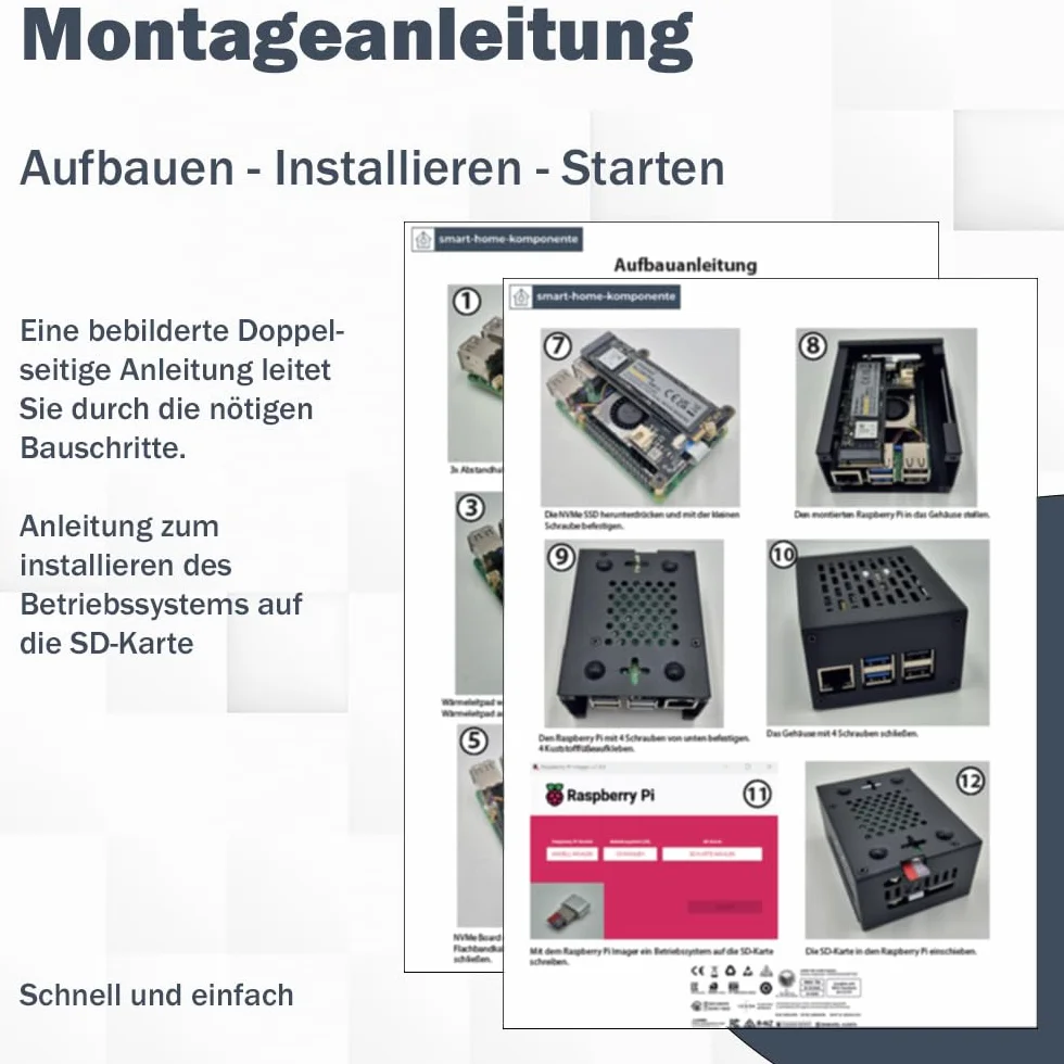 Raspberry Pi 5 8GB PCIe M.2 NVMe - Kit | Metallgehäuse | Active Cooler | M.2 NVMe SSD PCIe Board | USB-C 27W Netzteil | 4K Micro HDMI Kabel | Ideal für Home Assistant