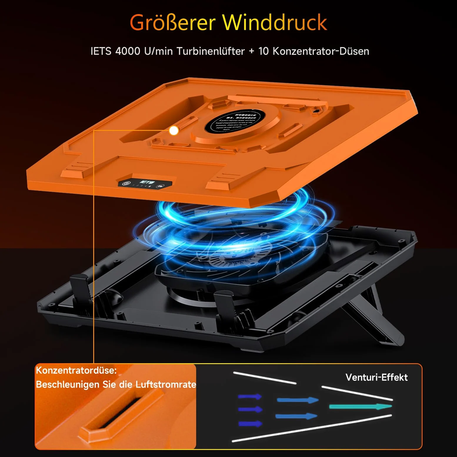 IETS GT300 Verbessertes Laptop-Kühlpad mit verstellbarem Ständer, Turbo-Kühler für schnelle Kühlung, 10-17 Zoll Gaming-Laptop, Flexibler Dichtungsring, mit Verstellbarer Luftfilterklemme (GT300F1)