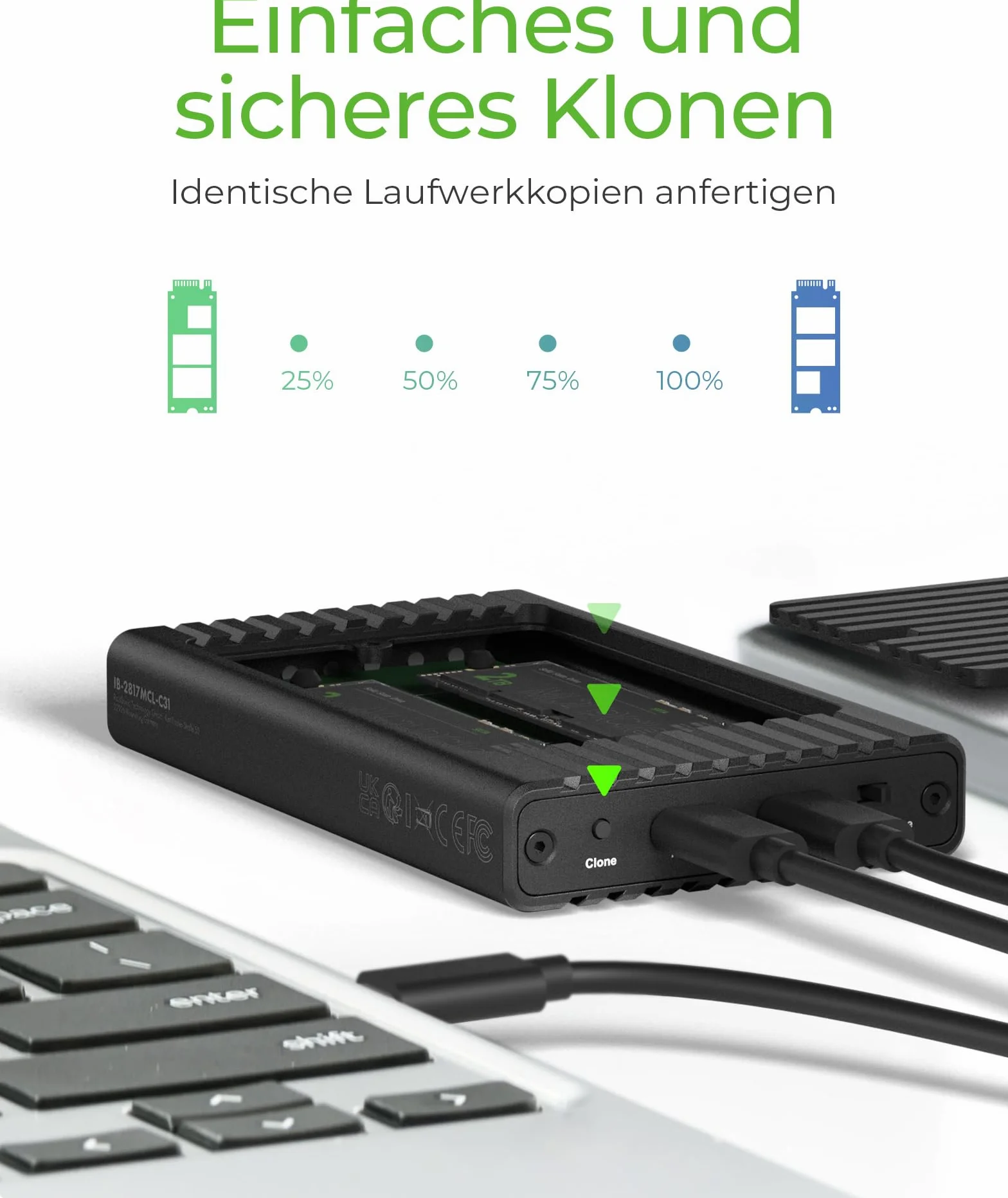 ICY Box M.2 NVMe SSD Docking Station USB 3.2 Gen 2 (10 Gbit/s), NVMe Klonstation & Lesegerät, Extern, Adapter, USB-C & USB-A, IB-2817MCL-C31