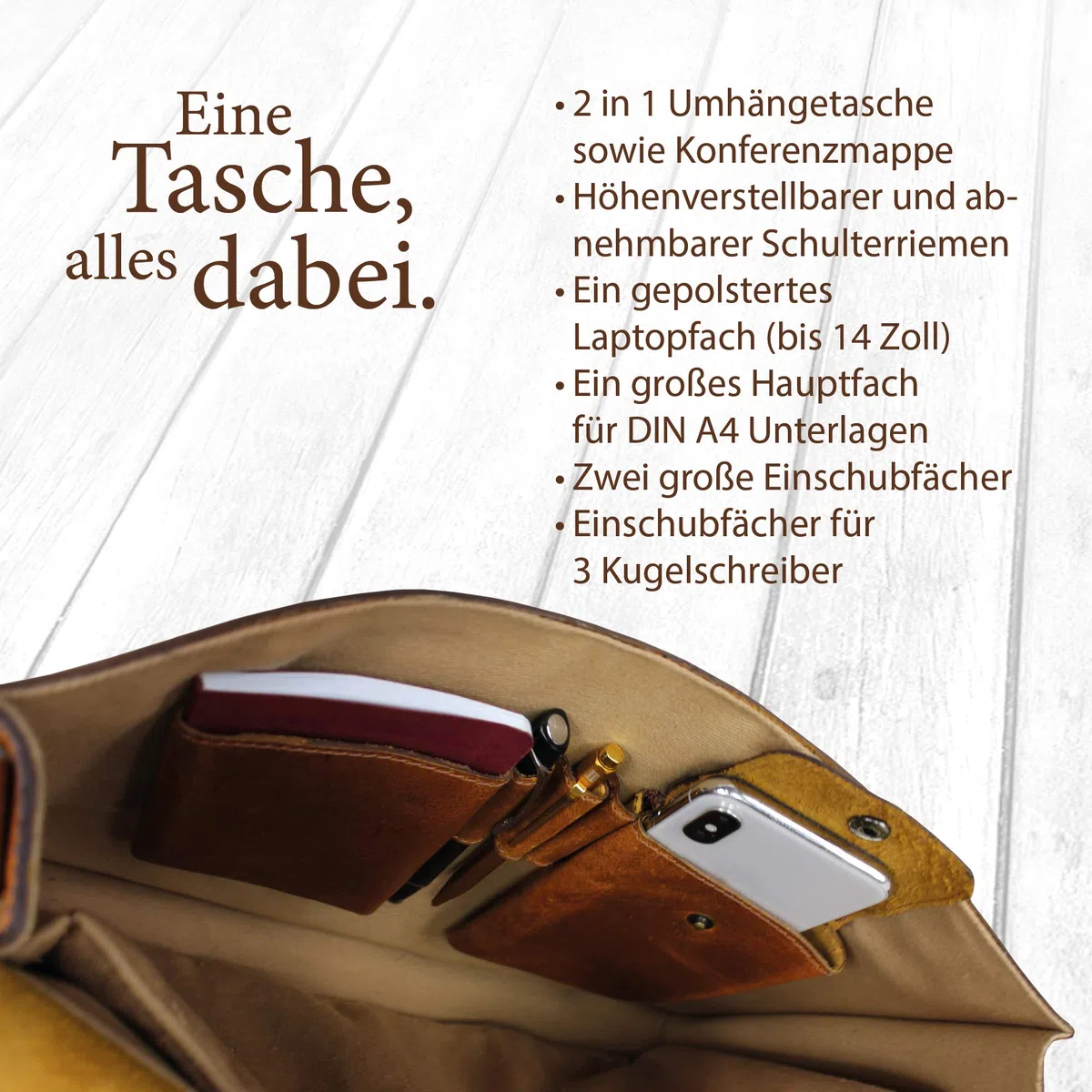 Corno d´Oro Premium Laptoptasche 14 Zoll Laptop Leder I Handgefertigte MacBook Tasche Echt Leder I Umhängetasche Herren Klein Braun für DIN A4 Größe