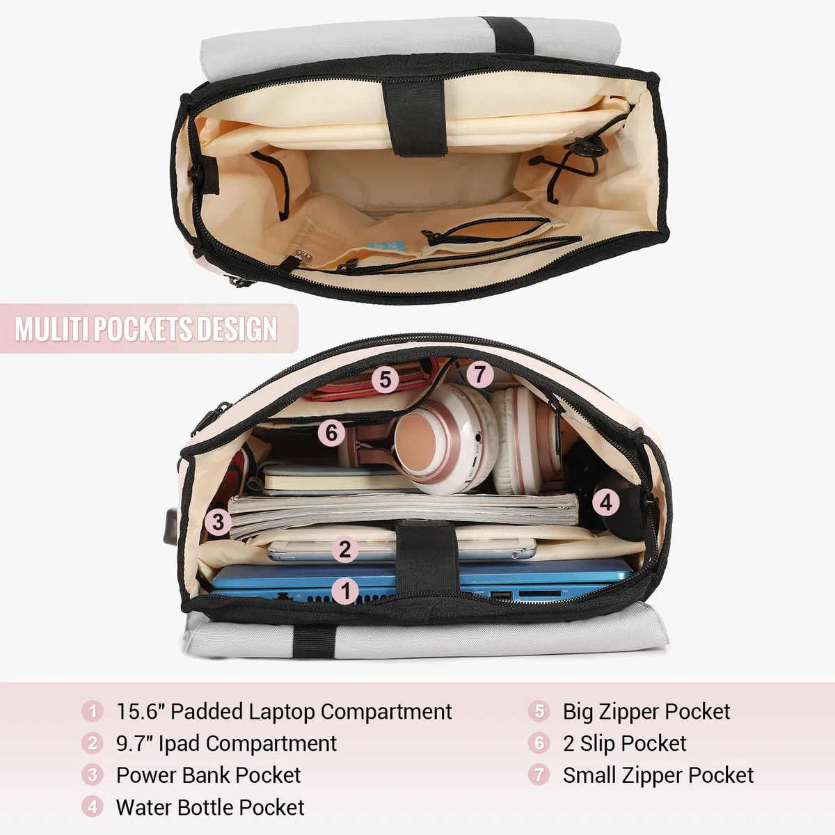 LOVEVOOK Rucksack Damen Elegant Daypack Wasserdichter Tagesrucksack mit Laptopfach 15,6 Zoll & Anti Diebstahl Tasche für Ausflüge, Uni, Schule u. Büro Rosa