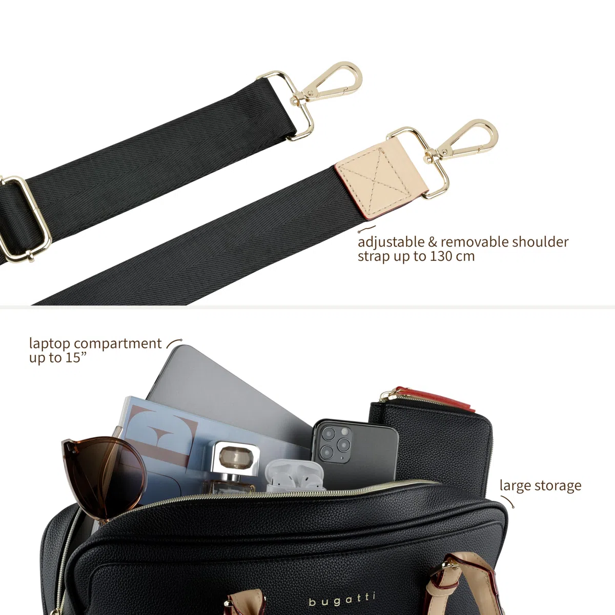 bugatti Ella Businesstasche 15", Aktentasche aus Kunstleder mit Laptopfach, schwarz