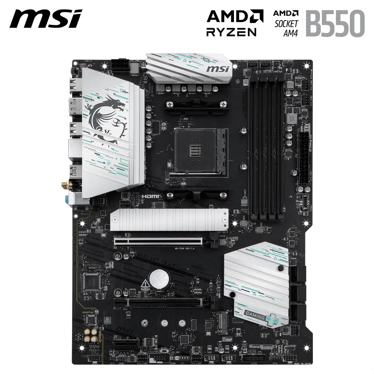 MSI B550 Gaming WiFi Mainboard, ATX - Unterstützt AMD Ryzen 5000 Series, 5000 G-Series, 4000 G-Series und 3000 Series Prozessoren, AM4 - DDR4 Memory Boost 4400+MHz/OC, PCIe 4.0 x16, M.2 Gen4, 1G LAN