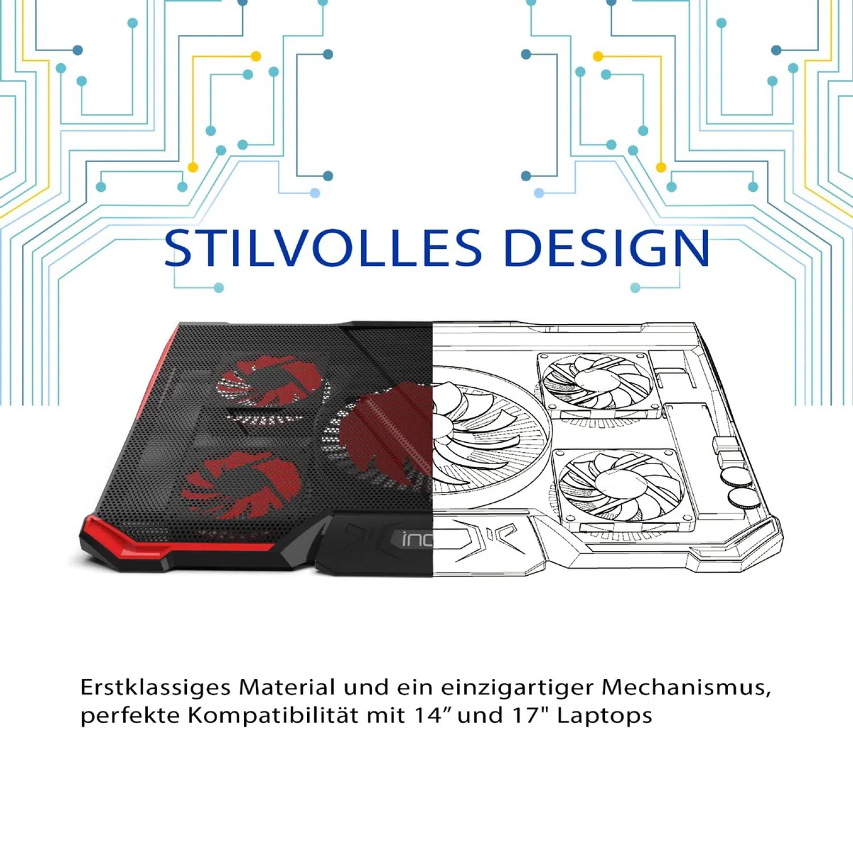 inca INC-611GMS - Laptop Kühler, Laptop Kühlpads für 14-17 Zoll Notebook, 5 Lüfter mit LEDs, 2200 RPM, 5 Höheneinstellungen, Gaming Cooler, Schneller Kühlvorgang