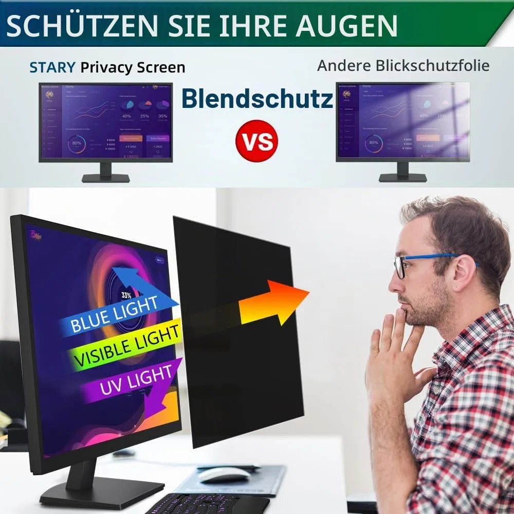 STARY 24 Zoll Monitor 16:10 Blickschutzfolie Seitenverhältnis, Anti-Blaulicht Displayschutz, 24 Inch Abnehmbare Privacy Screen Filter, Blendfreie Schutzfolie