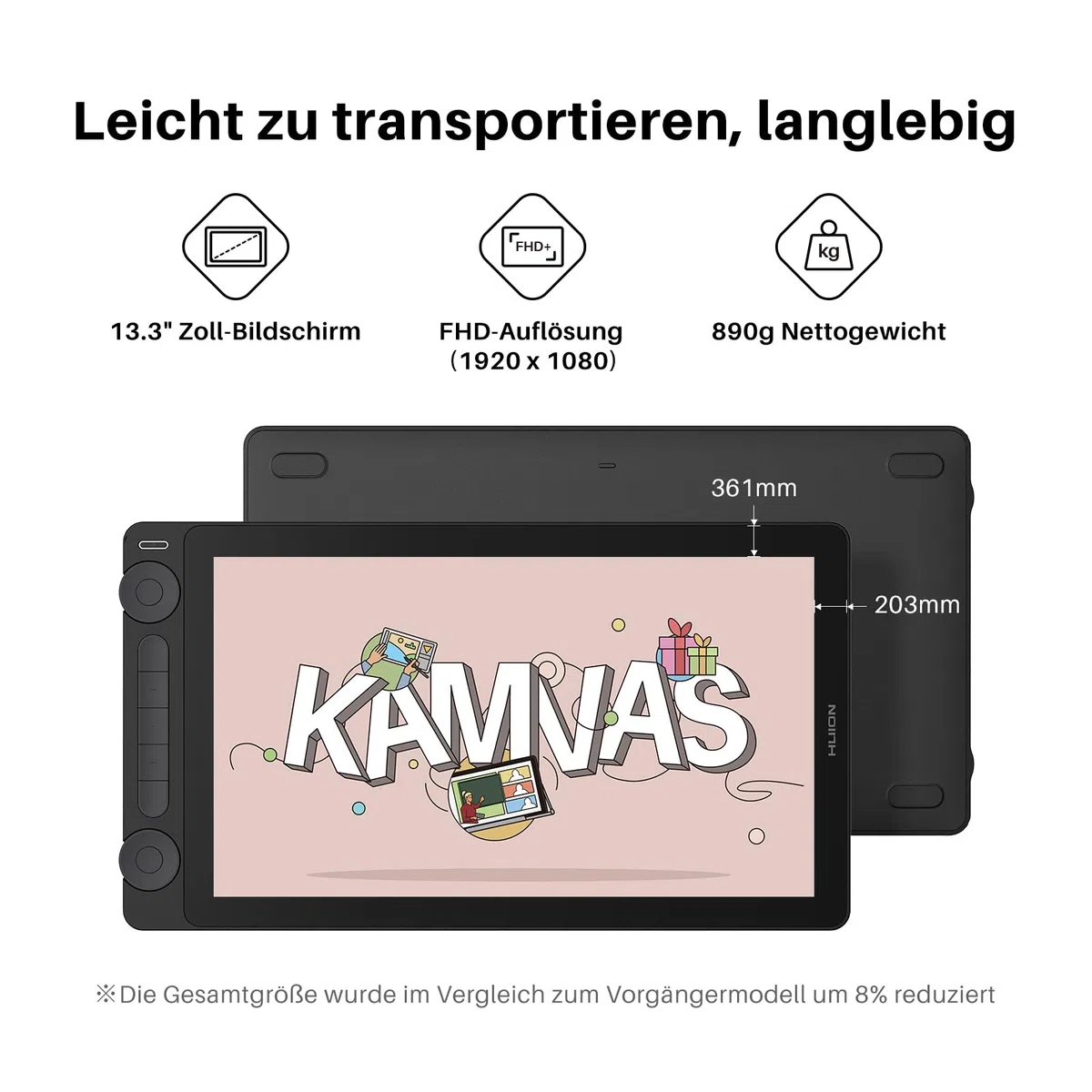 HUION Kamvas 13 Gen 3 Grafiktablett mit Display, 13,3-Zoll-Zeichenmonitor aus Canvas-Glas, 99% sRGB-Abdeckung, neues PenTech 4.0, 16384 Stiftdruck, Zwei Drehregler, Verstellbarer Ständer, Schwarz