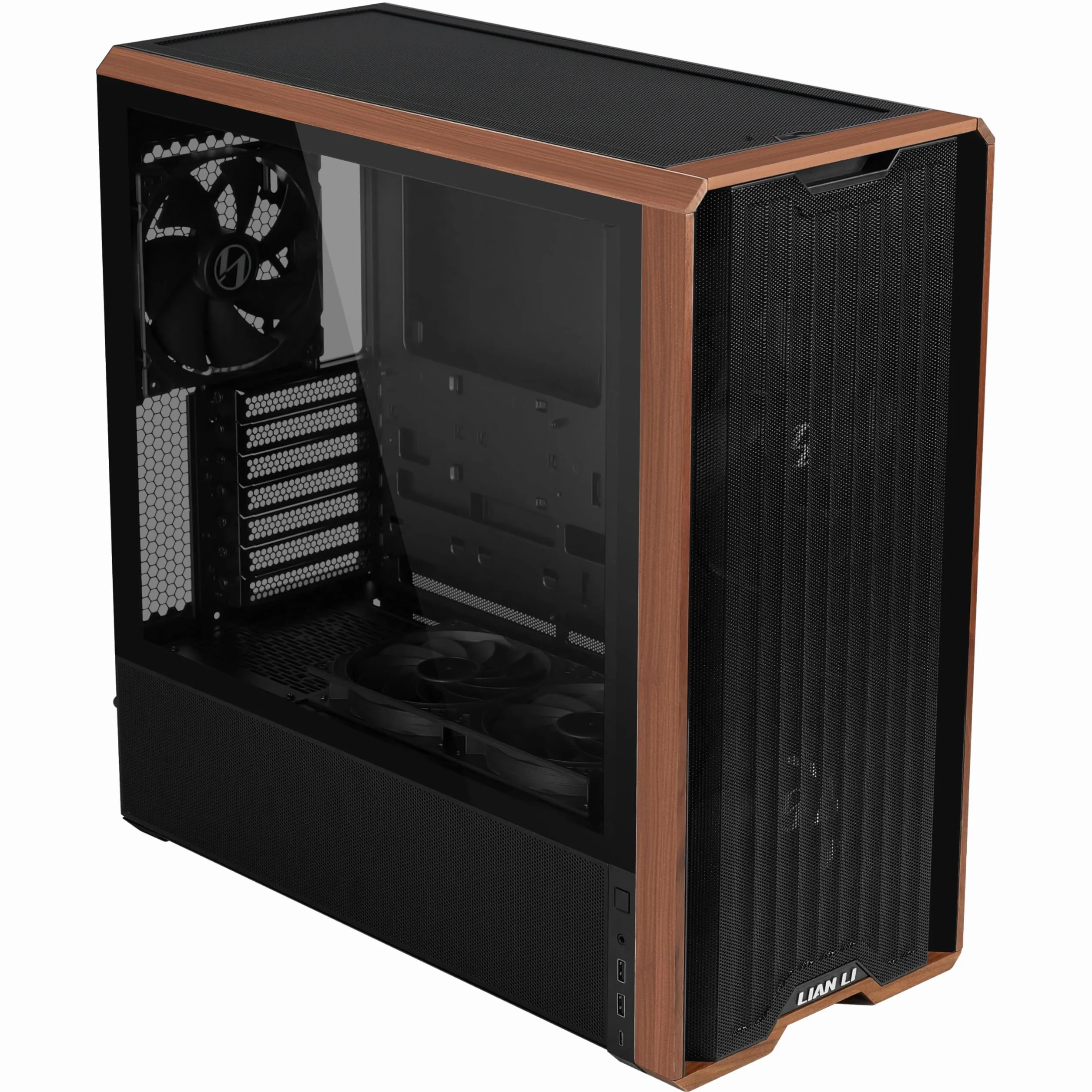 Lian Li Lancool 217 PC-Gehäuse Schwarz | ATX Midi-Tower, Tempered Glass, 5 Lüfter, Walnussholz, Mesh-Front, Back-Connect-kompatibel