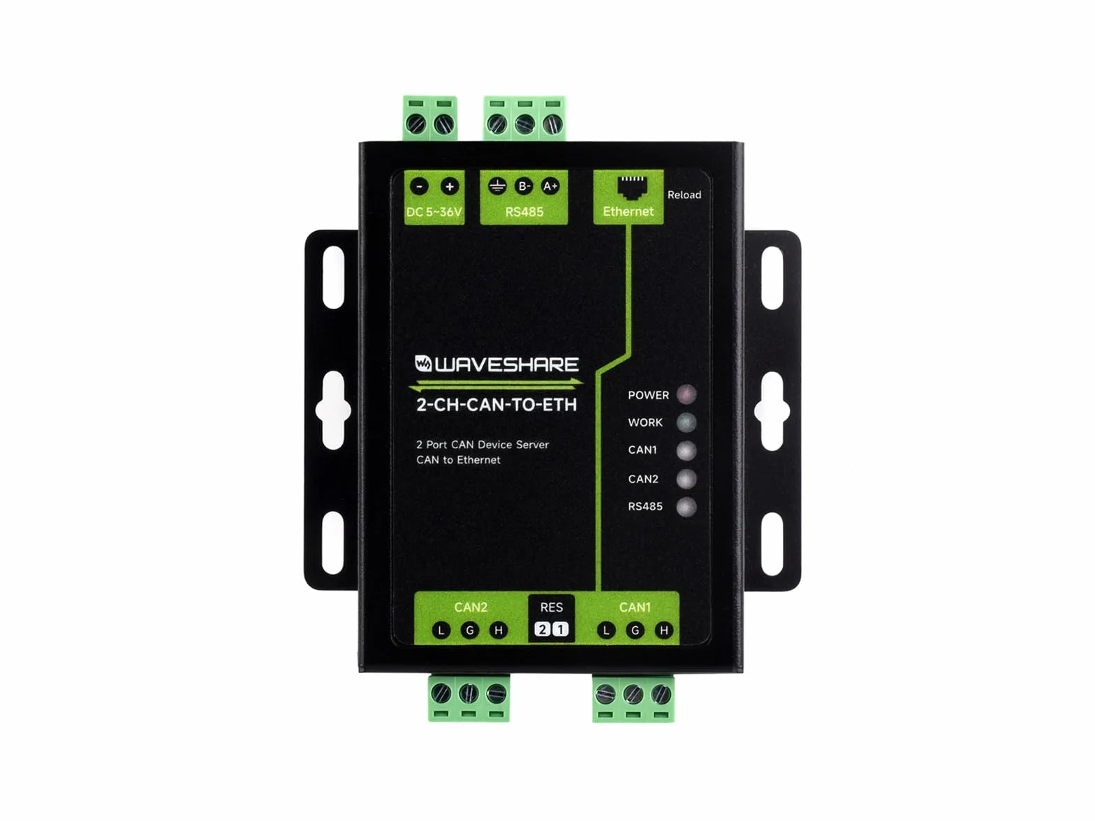 Waveshare Industrial 2-Ch CAN to Ethernet Server, Aluminium Alloy Case, Wall-Mount