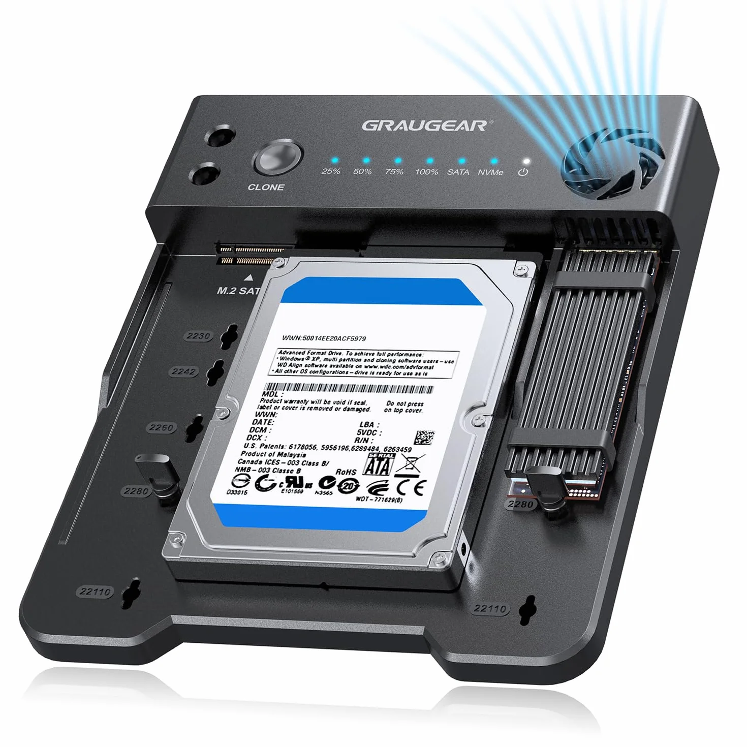 GRAUGEAR Bidirektionale Clone Station für M2 NVMe SSD M.2, SATA SSD, 2,5"/3,5" Festplatte [Bidirektional Klonen] Docking Station I NVMe Klonstation I Externe SSD I Festplatten Dockingstation I Lüfter