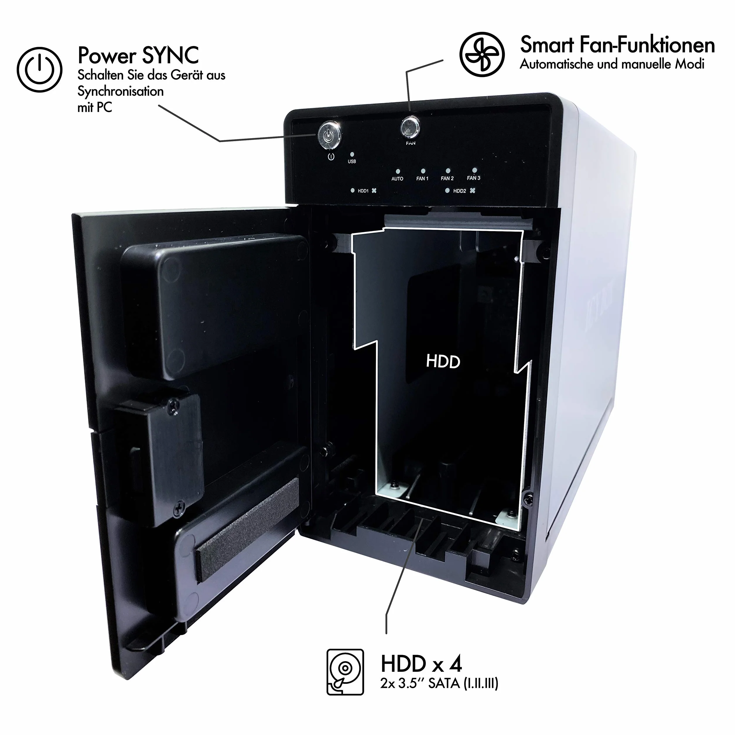 ICY BOX IB-RD3620SU3 Externes 2-fach Gehäuse (Raid 0/1, Single, JBOD) für 2x 3, 5 Zoll SATA i, II, III Festplatten, USB 3.0 (UASP) und eSATA Anschluss, Smart-Lüfter