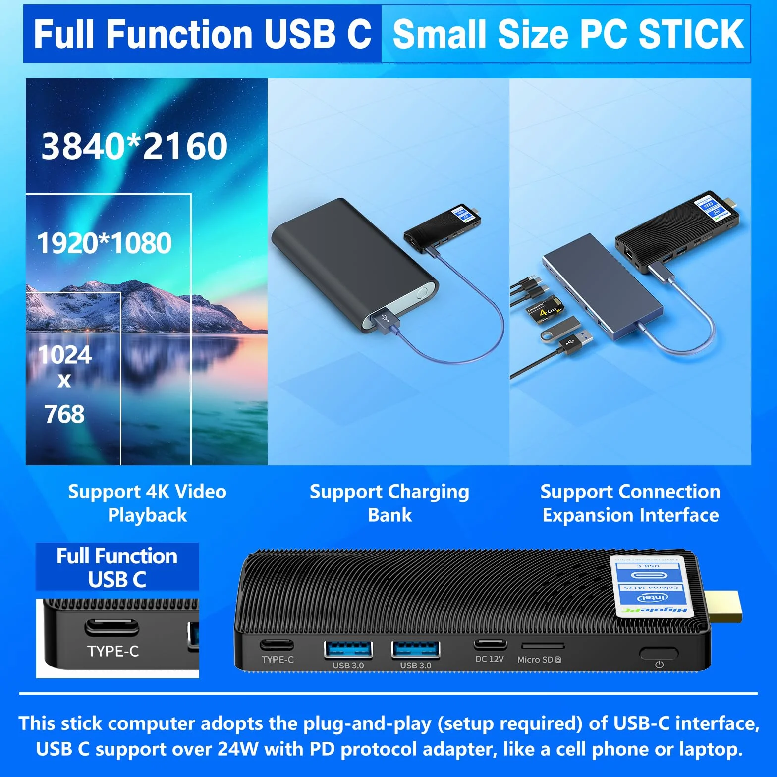 Mini PC Stick Win 11 Pro, Fanless Mini Computer, Celeron J4125 8GB 256GB eMMC 2.7 GHz, USB-C, USB3.0 X 2, RJ45 Gigabit Ethernet 4K 60Hz, WiFi BT 5.2 HDMI 2.0 für Geschäft Zuhause Büro
