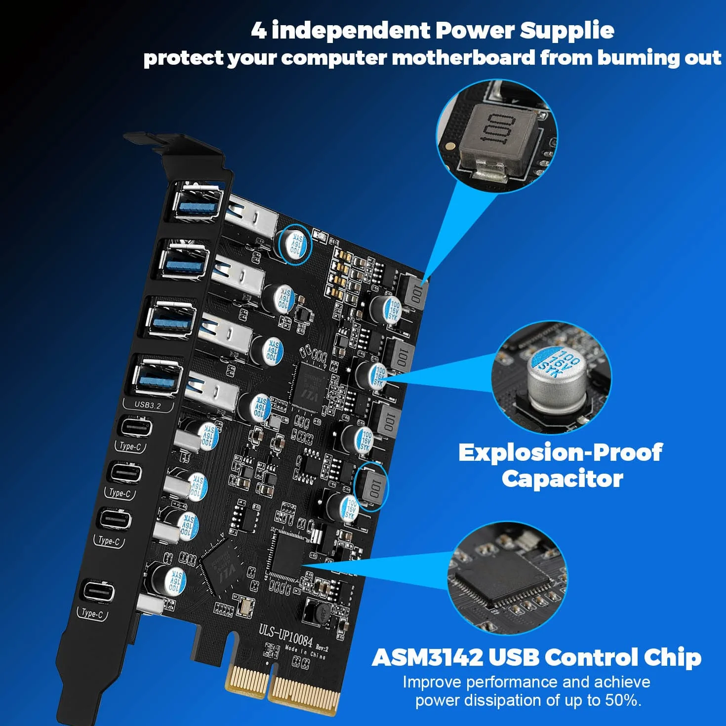 PCIE USB 3.2 Karte 8 Ports (4 Typ A, 4 Typ C), 10Gbps PCI Express Erweiterungskarte Intern USB Konverter für Desktop PC Windows