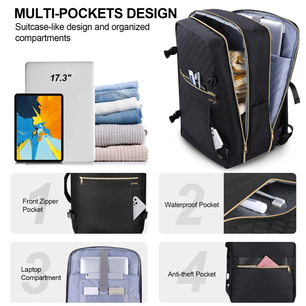 HOMIEE Handgepäck Rucksack Flugzeug Groß 40L Reiserucksack mit Schuhfach Damen Kofferrucksack 17 Zoll Laptoprucksack Wasserdicht Travel Backpack für Reise Camping Wandern Weekend (Klassisches Schwarz)