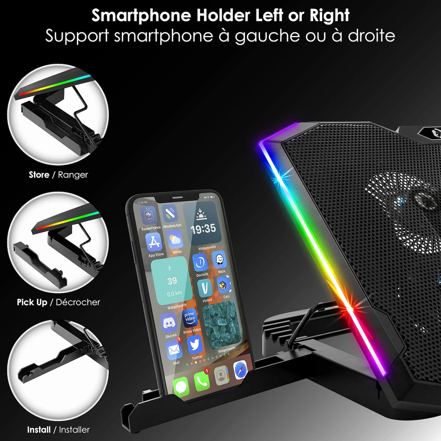 EMPIRE GAMING - Guardian S-C100 Laptop-Kühler RGB Gamer – 6 Ventilatoren - LCD-Controller - 5 Höheneinstellungen – Kompatibel für 12 bis 17 Zoll – Abnehmbarer Smartphone-Halter, Luft