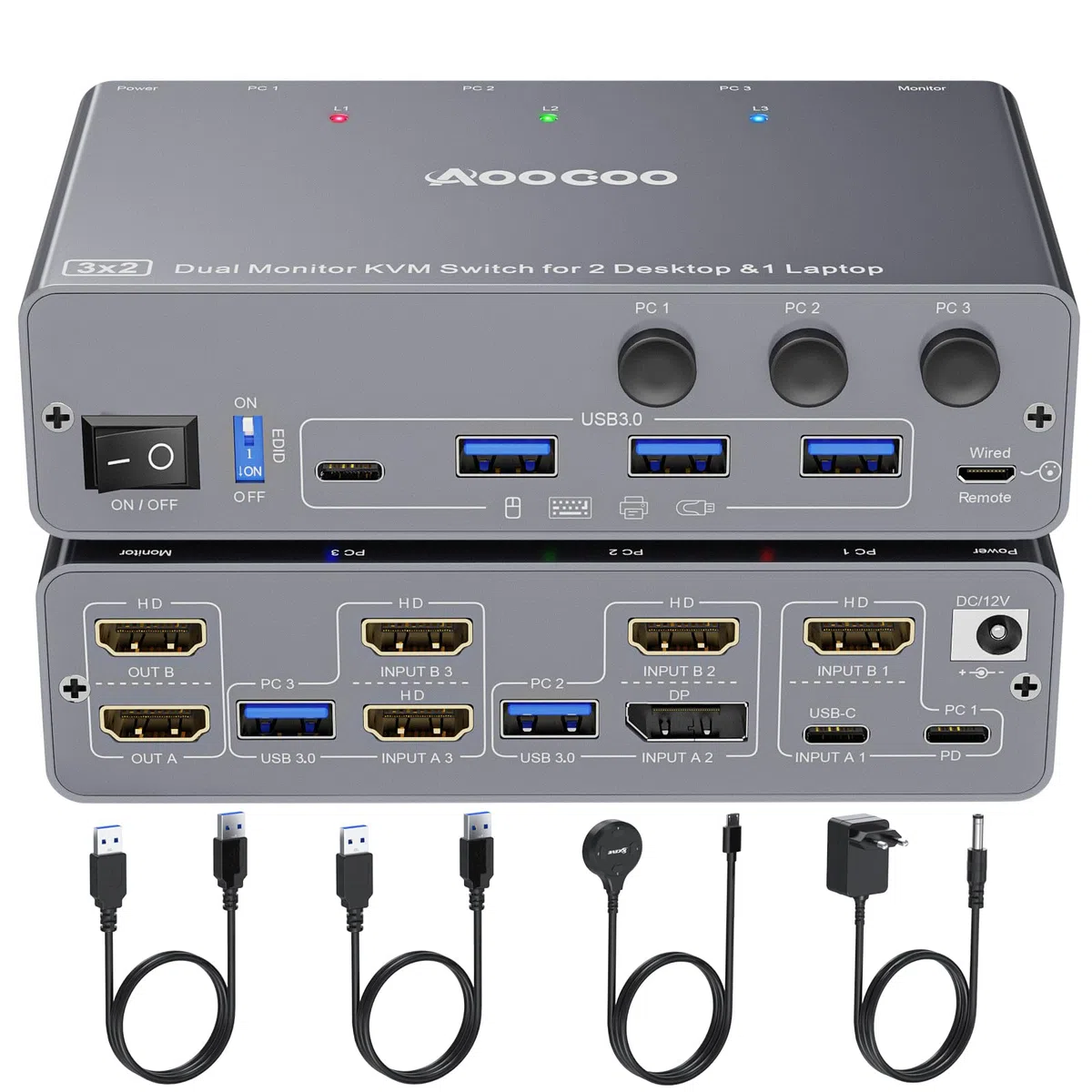 USB C KVM Switch 4K@60Hz, Dual Monitore KVM Switch für 2 PC und 1 Laptop mit EDIDEmulation,4 USB 3.0 Häfen, PD Stromversorgung für Laptop, Kabelfernbedienung, USB Kabel im Lieferumfang enthalten