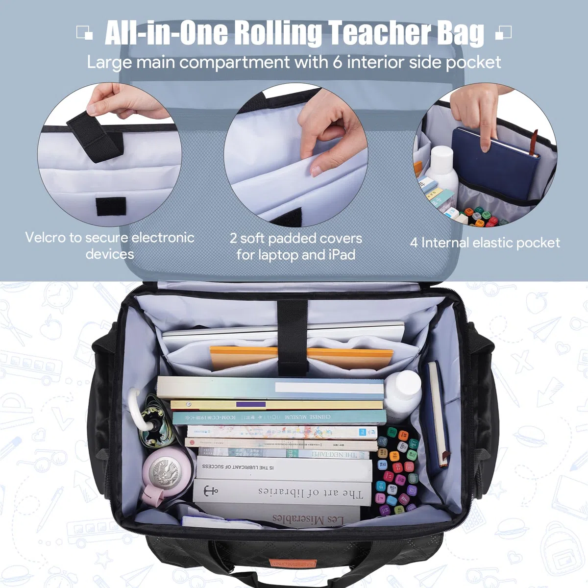 INSMEER Rolltasche für Lehrer mit Fach für 15,6-Zoll-Laptop, Rolltaschen für Lehrer mit Rollen für den Unterricht mit zusätzlicher Lunch-Tasche, tragbare 3-in-1-Rolltasche für Bastelbedarf