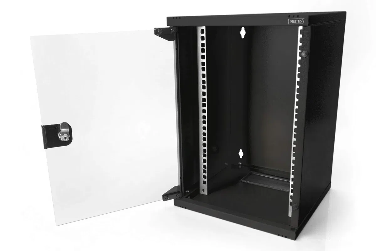 DIGITUS Netzwerk-Schrank 10-Zoll - 9HE - Wandmontage - HxBxT 464x312x300mm - Traglast 30kg - Nutztiefe 240mm - Schwarz | Nutztiefe 240mm – Traglast 30kg – Sicherheitsglastür mit Schloss – Wandmontage – SOHO-Serie