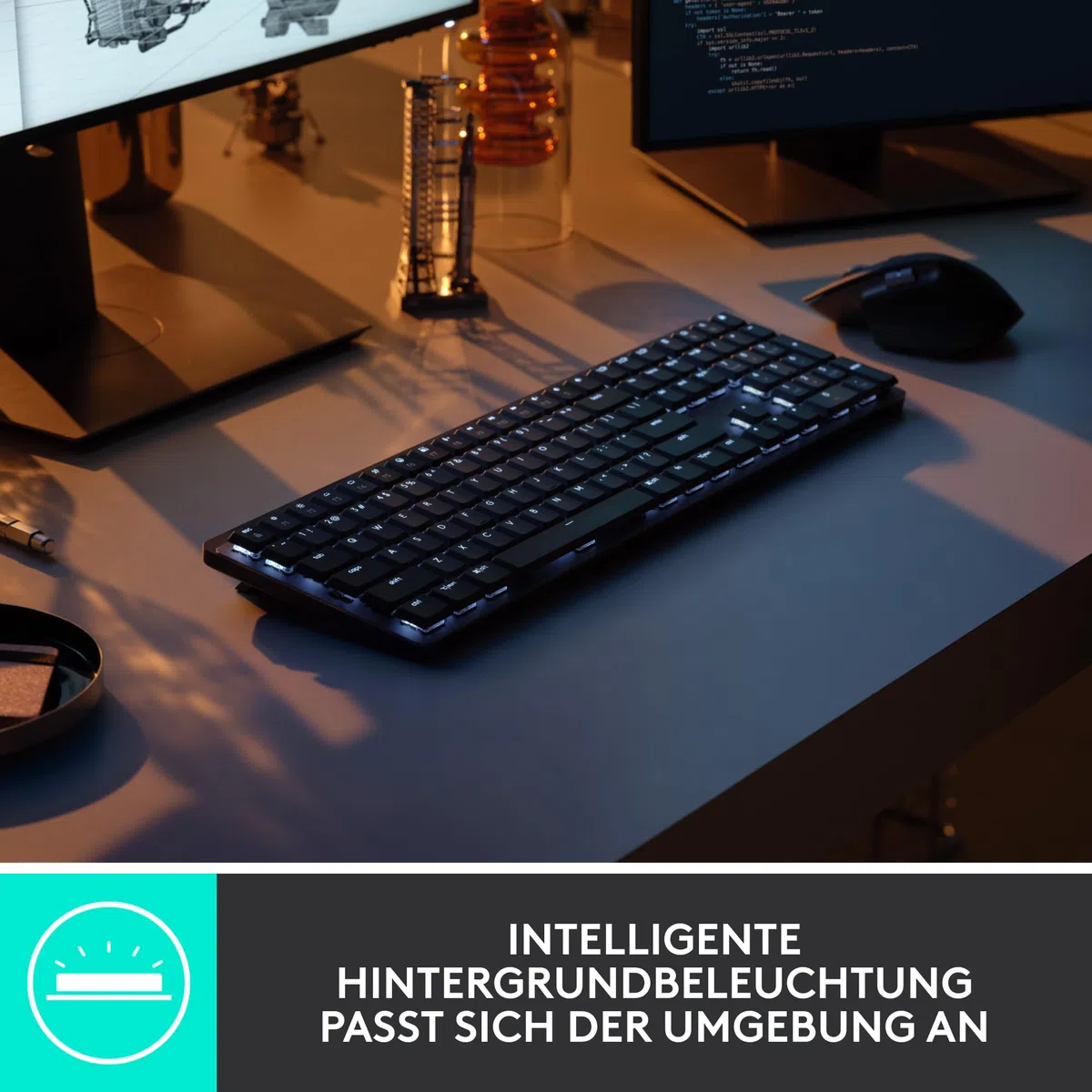Logitech MX Mechanische kabellose beleuchtete Performance-Tastatur, Taktile leise Tasten, Hintergrundbeleuchtung, Bluetooth, USB-C, macOS, Windows, Linux, iOS, Android, Metall, Deutsches QWERTZ - Grau