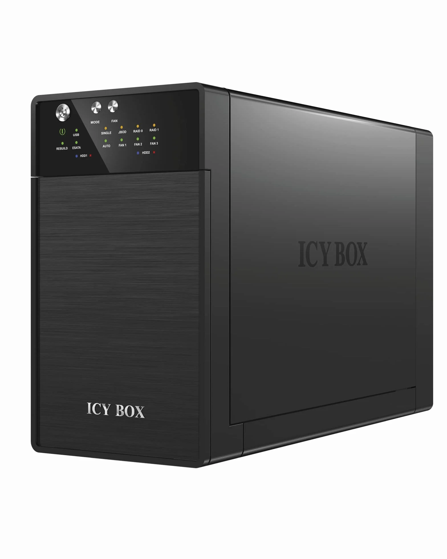 ICY BOX IB-RD3620SU3 Externes 2-fach Gehäuse (Raid 0/1, Single, JBOD) für 2x 3, 5 Zoll SATA i, II, III Festplatten, USB 3.0 (UASP) und eSATA Anschluss, Smart-Lüfter