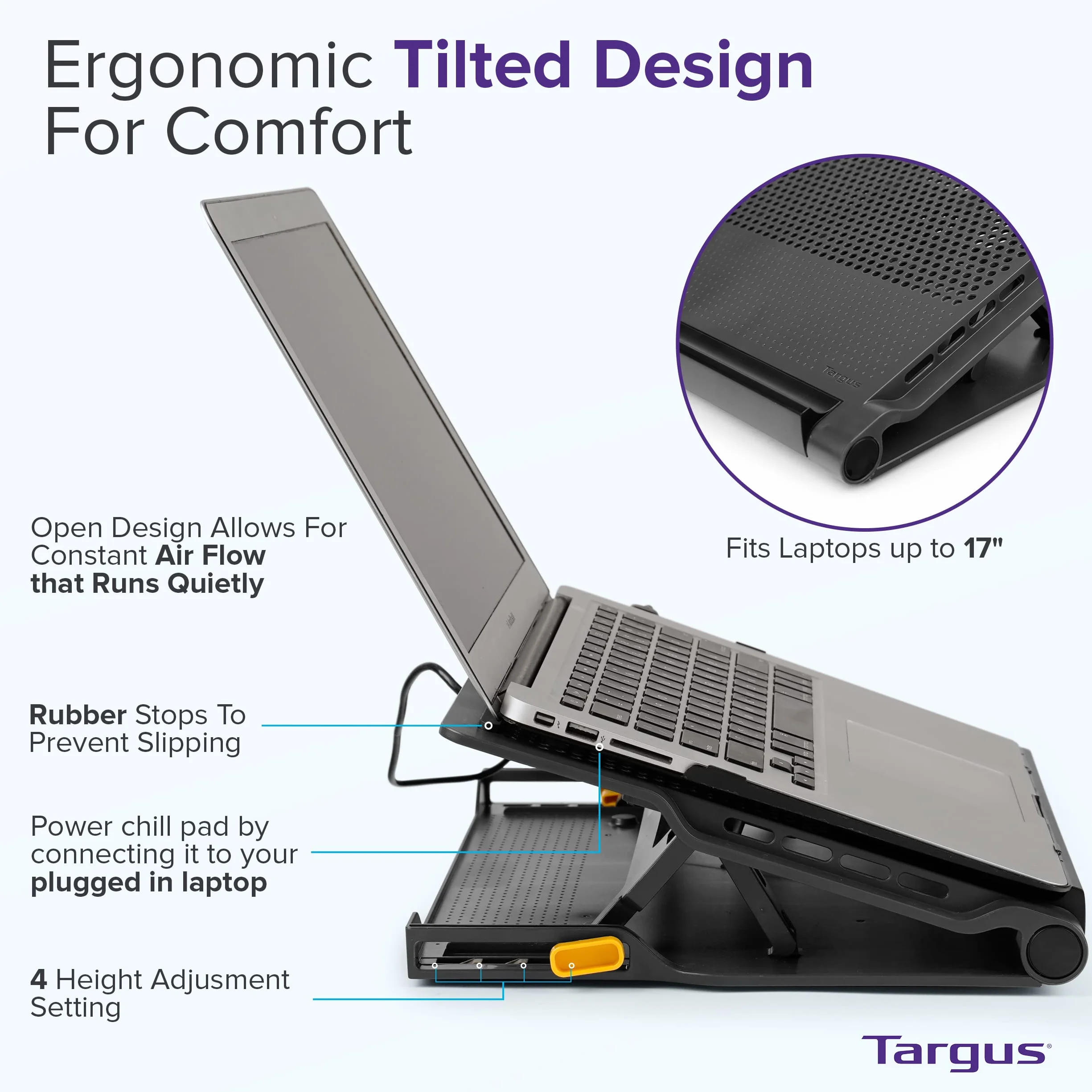 Targus 4333556 Laptop Kühler, Cooling Pad inkl. USB Hub mit 4 USB,2 Ports, 4-fach 4-fach höhenverstellbarer Laptopständer mit Lüfter für bis zu 17" Notebooks – AWE81EU
