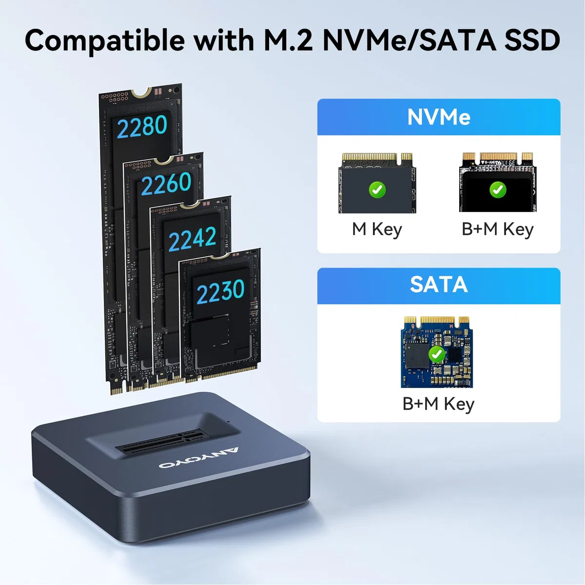 M.2 NVMe Docking Station, ANYOYO 10Gbps NVMe Dockingstation für M/B&M Key SSD, Werkzeuglos USB 3.2 Gen 2 NVMe Gehäuse USB C M.2 SSD Gehäuse für 2230 2242 2260 2280