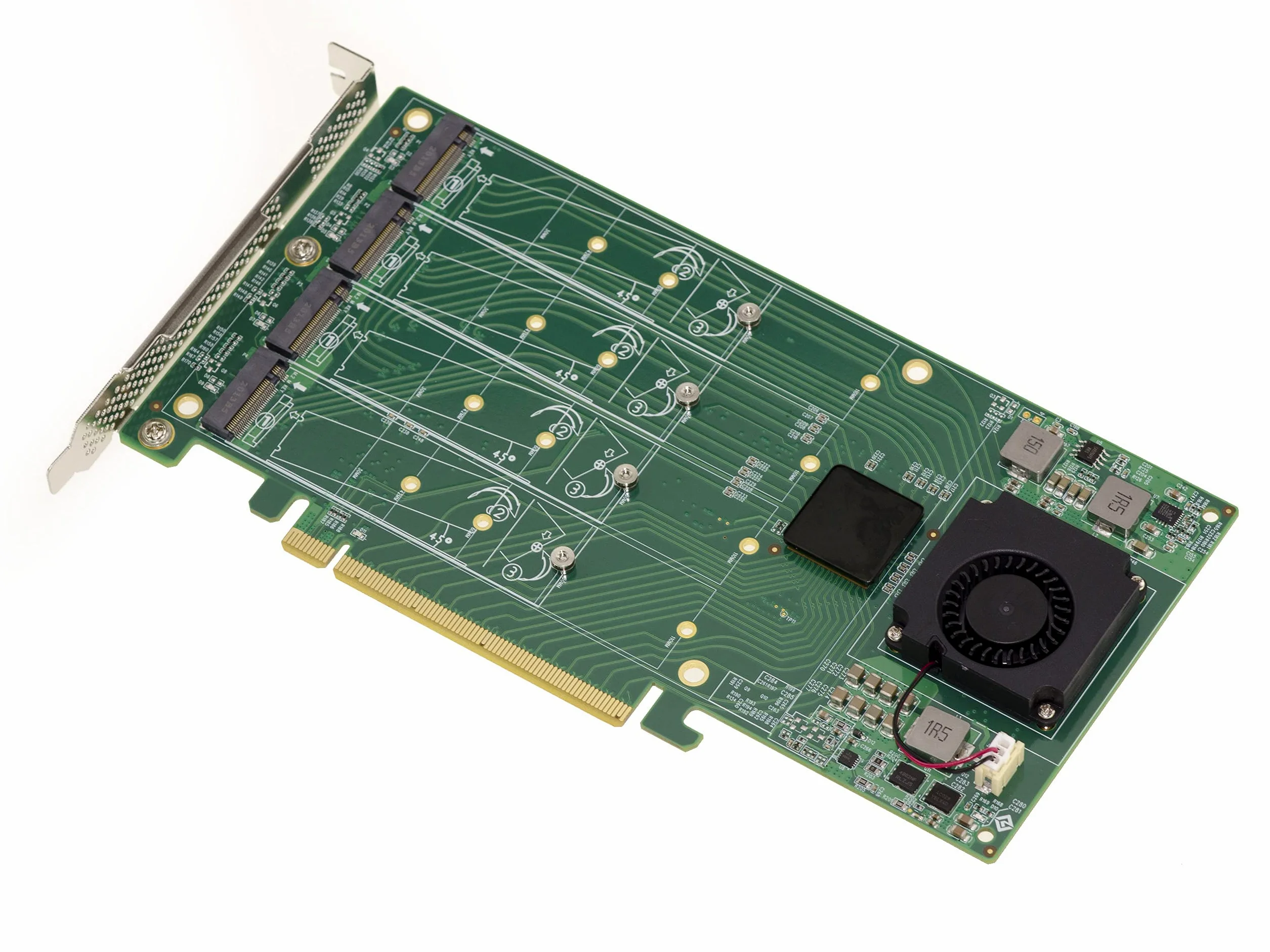 KALEA-INFORMATIQUE PCIe x16 M2-Controller-Karte für 4 M.2 NVMe M Key SSDs mit PLX PEX 8747 Chipsatz - 32GB für Jede SSD, 128G insgesamt.