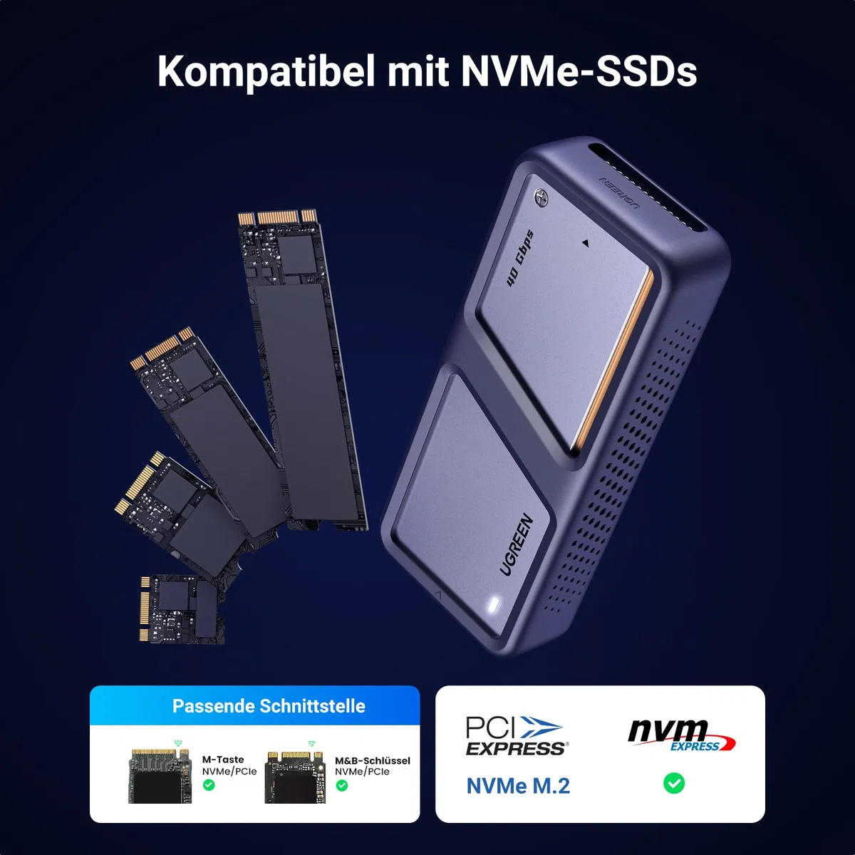 UGREEN USB 4 M2 Gehäuse, 40Gbps NVMe Gehäuse mit leistungsstarker Kühlleistung, USB M2 SSD Adapter für Datenspeicher, kompatibel mit MacBook Pro M5 Pro/M5 Max, HP Celeron N4120, Mac mini M4