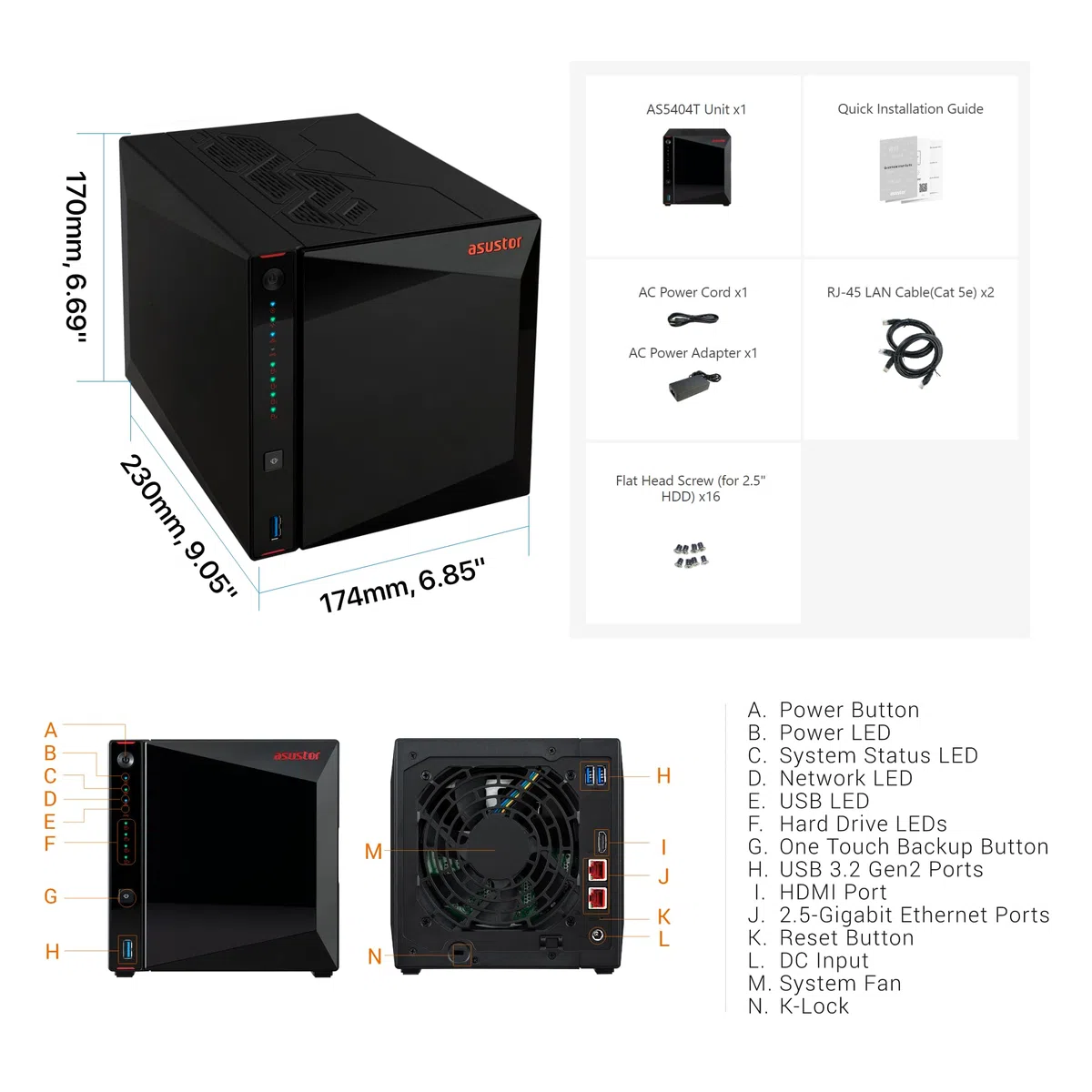 Asustor AS5404T Nimbustor 4 Gen2-4 Bay NAS Netzwerkspeicher Gehäuse, Quad-Core 2,0GHz CPU, 4xM.2 NVMe SSD Steckplätze, 2x2,5GbE Anschlüsse, 4GB DDR4 RAM, Gaming-Inspirierten NAS