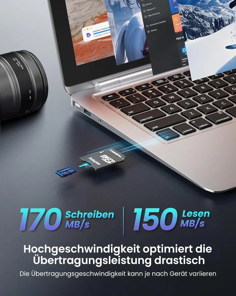 256 GB LT100 microSDXC UHS-I Speicherkarte mit Adapter - bis zu 170 MB/s, C10, U3, V30, Full HD, A2, Micro-SD-Karte für Smartphones, Tablets, Kameras, Spielekonsolen und Drohnen (1 Stück)