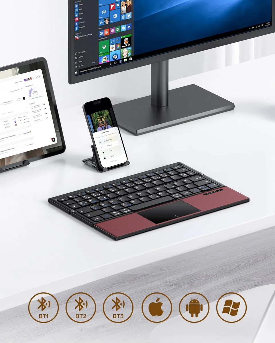 OMOTON Faltbare Bluetooth Tastatur mit Touchpad, Tragbare Kabellose Tastatur Mini Reise für iOS Android Windows Laptop PC Tablet Smartphone, QWERTZ - Burgunderrot