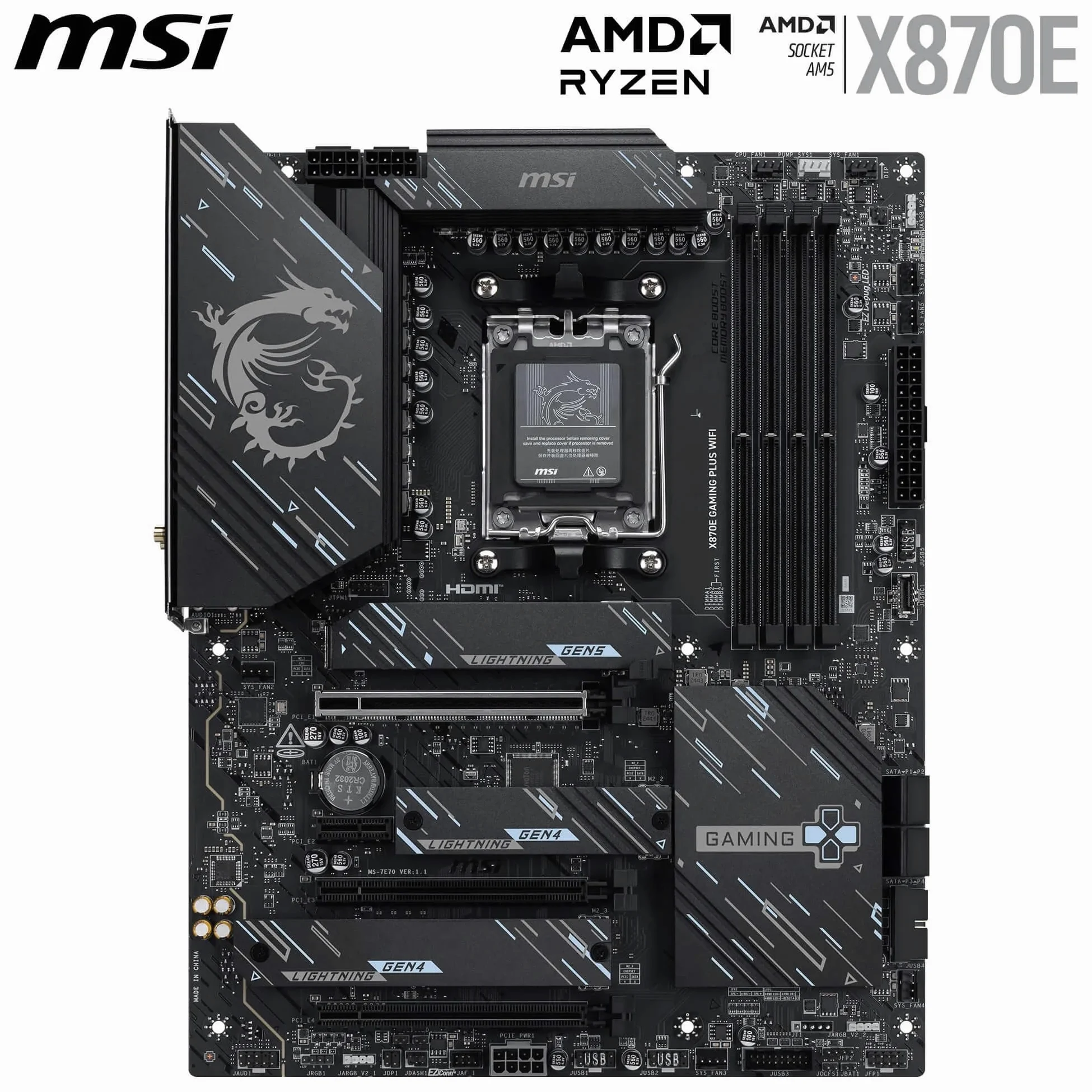 MSI X870E Gaming Plus WiFi Mainboard, ATX - Unterstützt AMD Ryzen 9000/8000 / 7000 Prozessoren, AM5-60A SPS VRM, DDR5 Memory Boost 8200+ MT/s (OC), PCIe 5.0 x16 & 4.0 x4, M.2 Gen5, Wi-Fi 7, 5G LAN