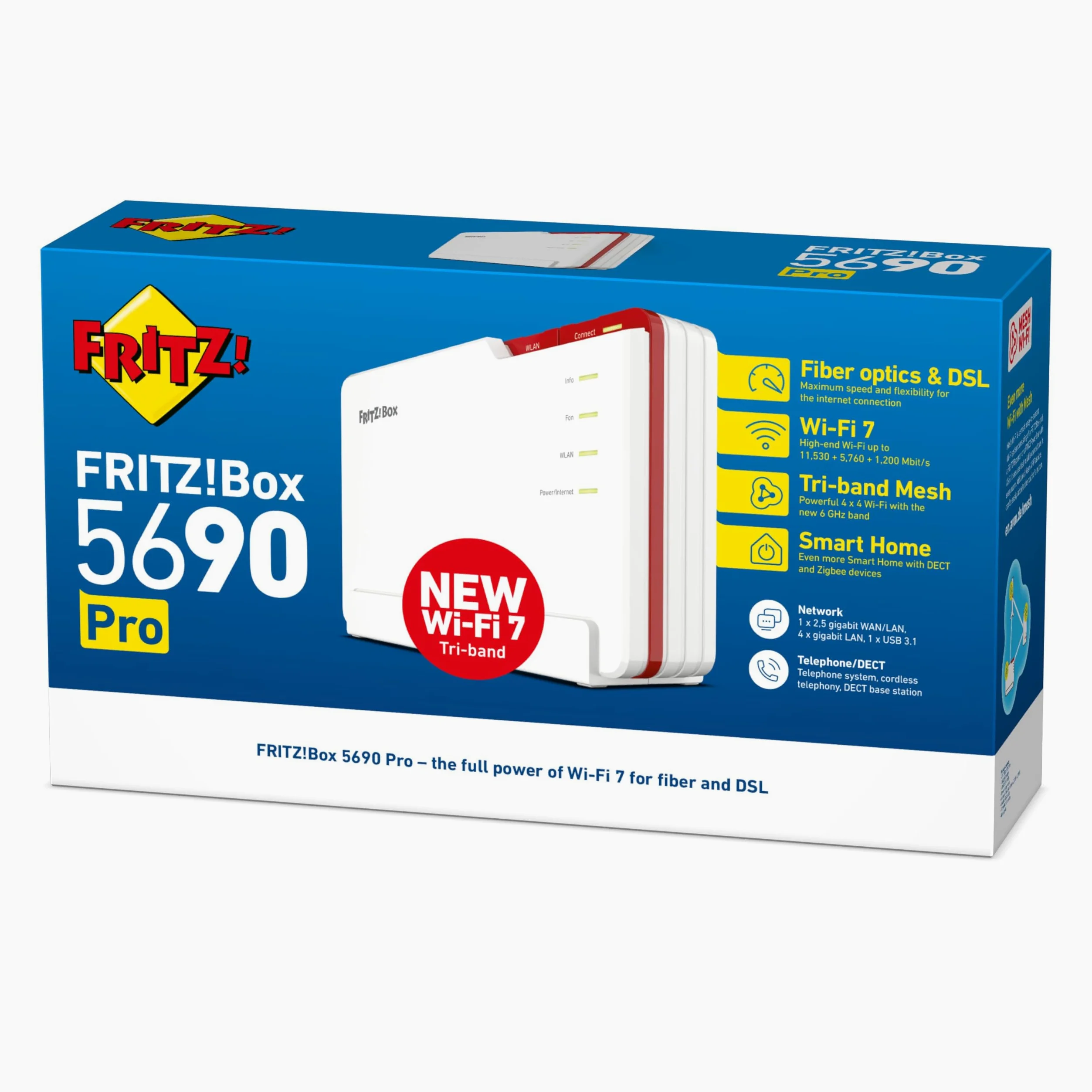 FRITZ!Box 5690 Pro (Wi-Fi 7 Premium DSL- und Glasfaser-Router mit Triband (2,4 GHz, 5 GHz, 6 GHz) bis zu 18,5 GBit/s, für Glasfaser & DSL-Anschlüsse, WLAN Mesh, DECT-Basis, internationale Version)